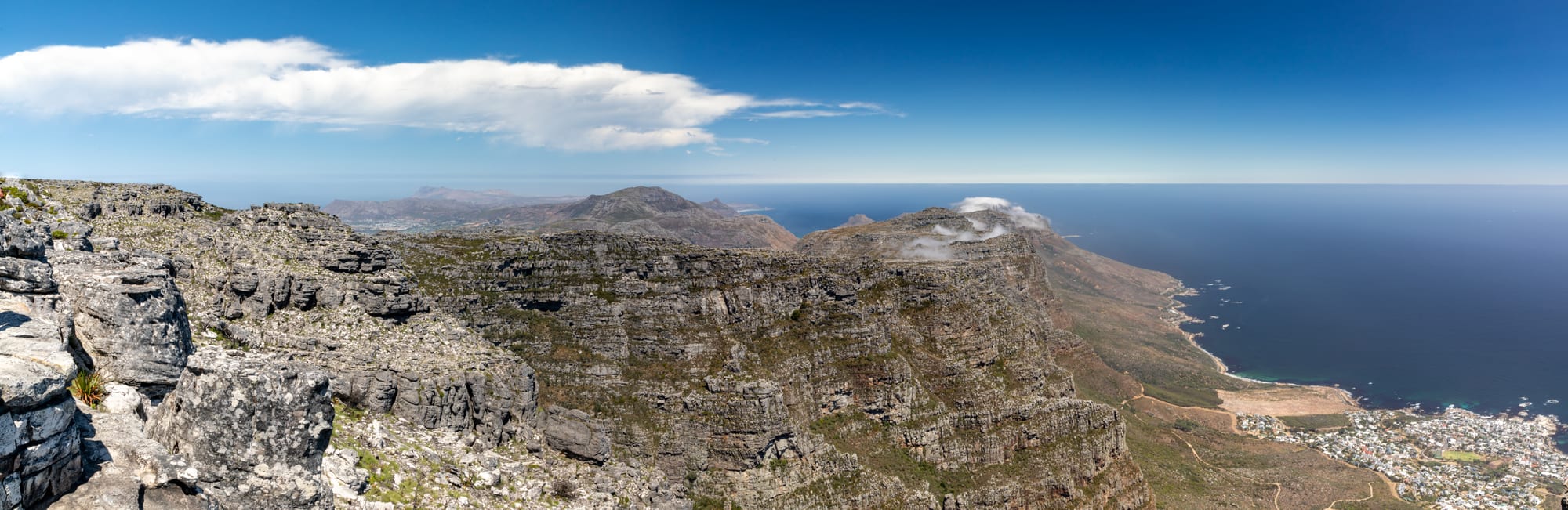 A panoramic view from a flat mountain top over a coastal city and ocean
