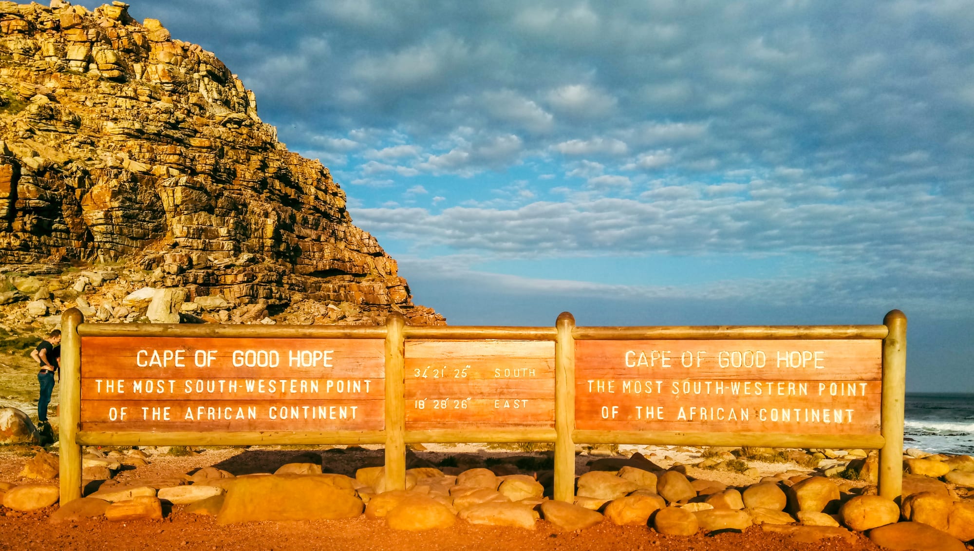 A wooden sign marking a famous cape at the edge of a rugged coastline