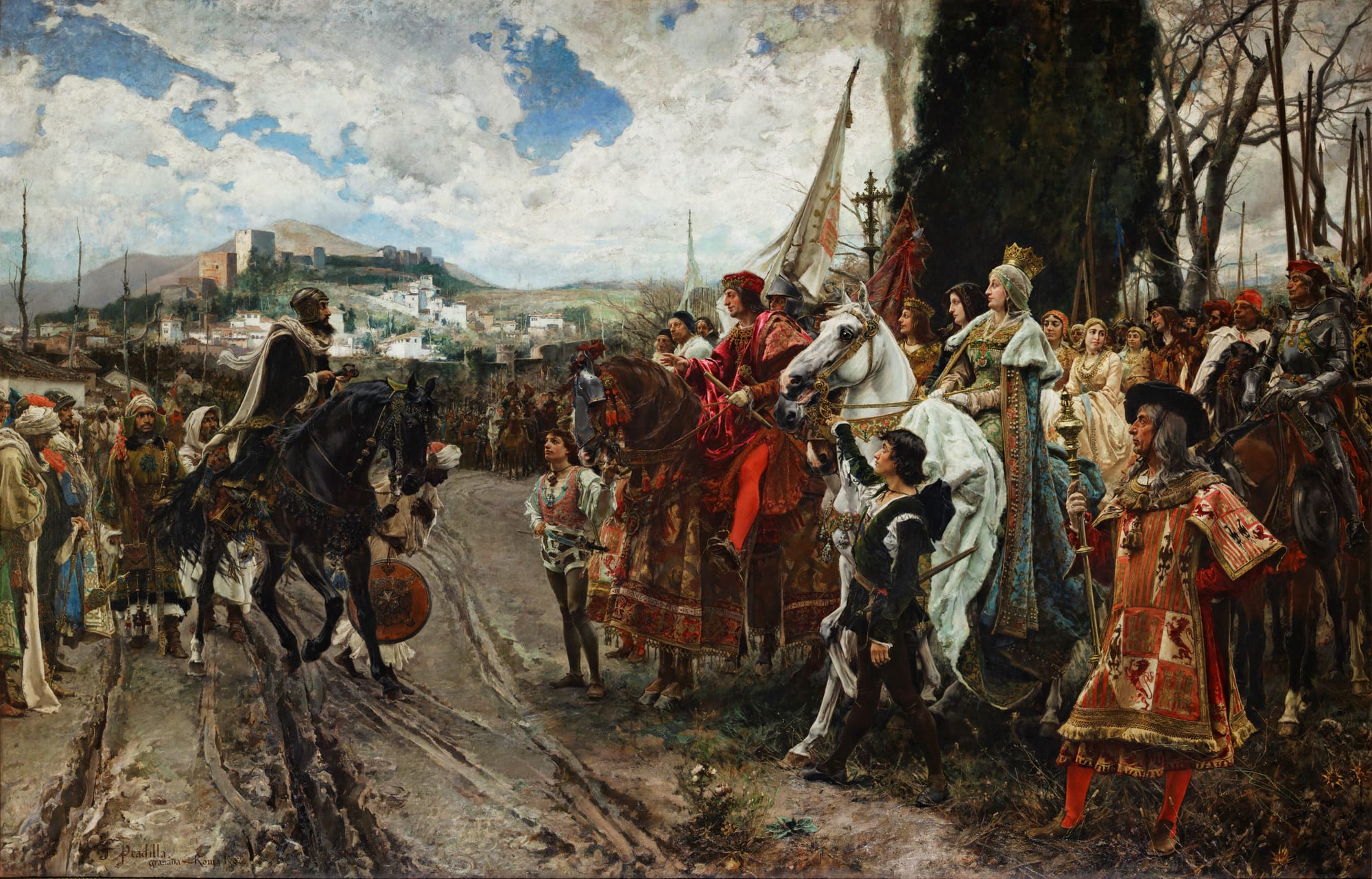 A large history painting of two mounted royal parties meeting on a muddy road, a turbaned rider on a black horse facing a king and queen on horseback, with a hilltop fortress behind