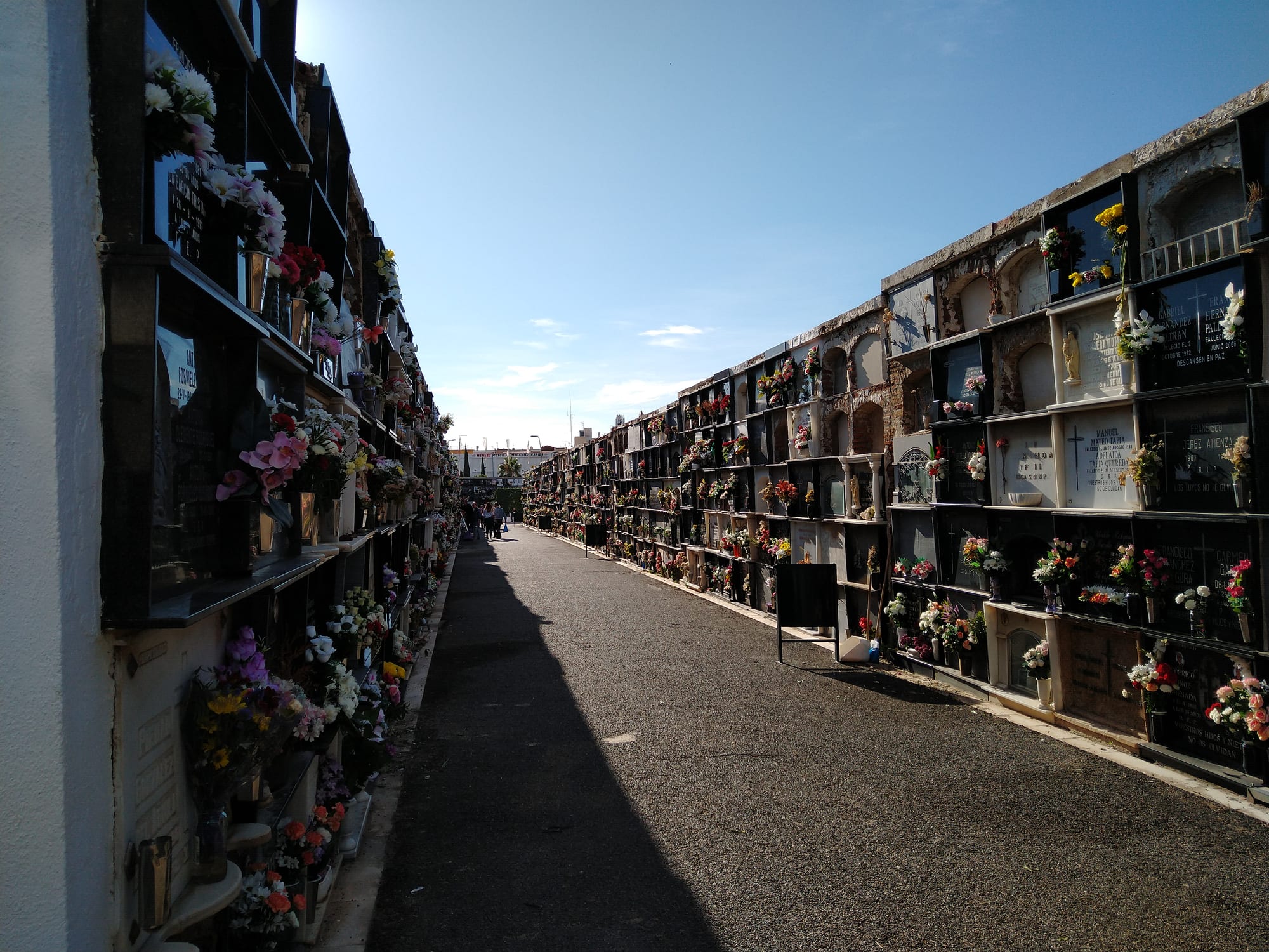 A long cemetery path between high walls of burial niches, many decorated with bunches of fresh flowers, under a clear blue sky