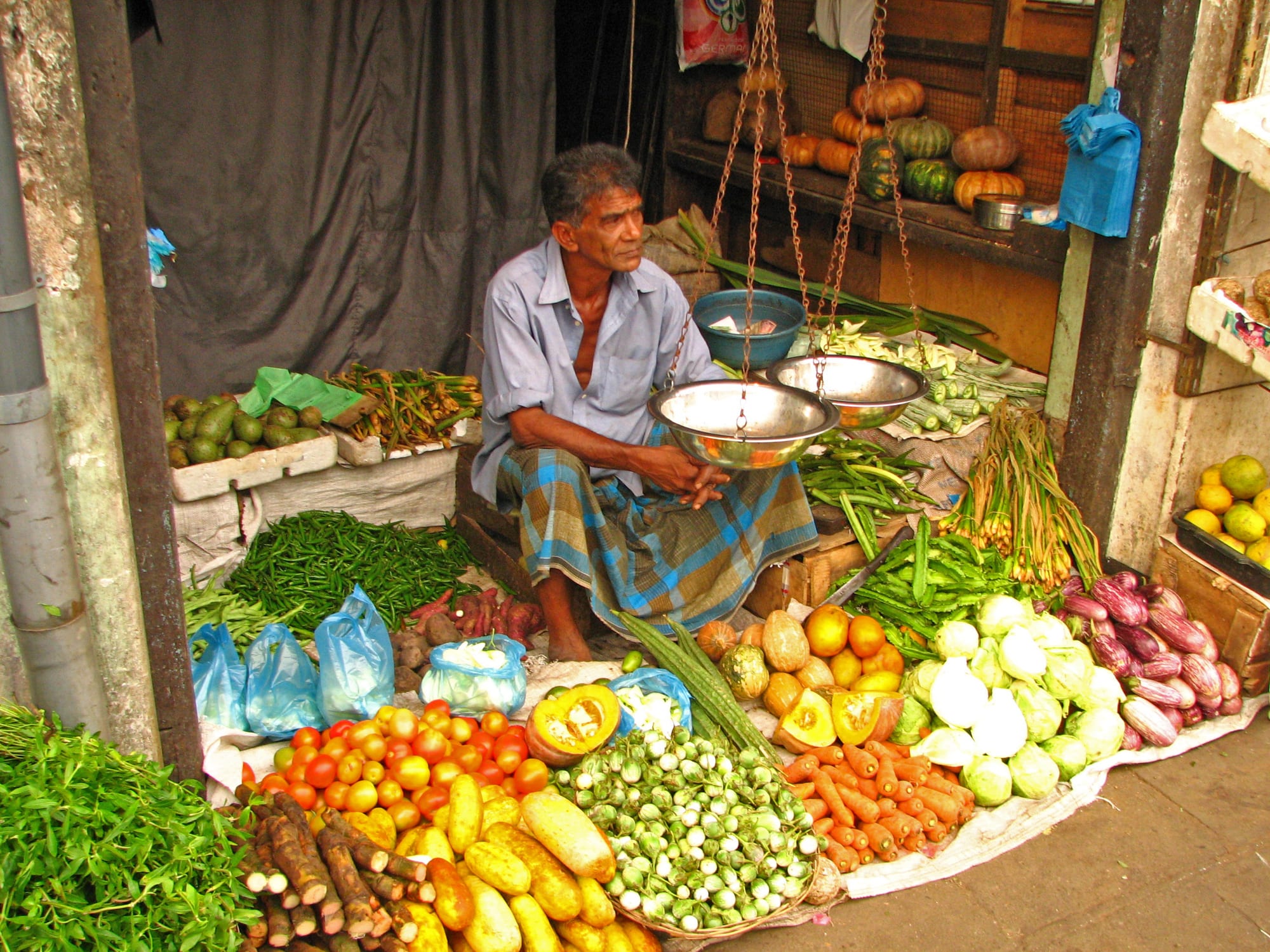 A vegetable vendor sitting among piles of colourful produce, including tomatoes, aubergines and pumpkins, at an open-fronted market stall