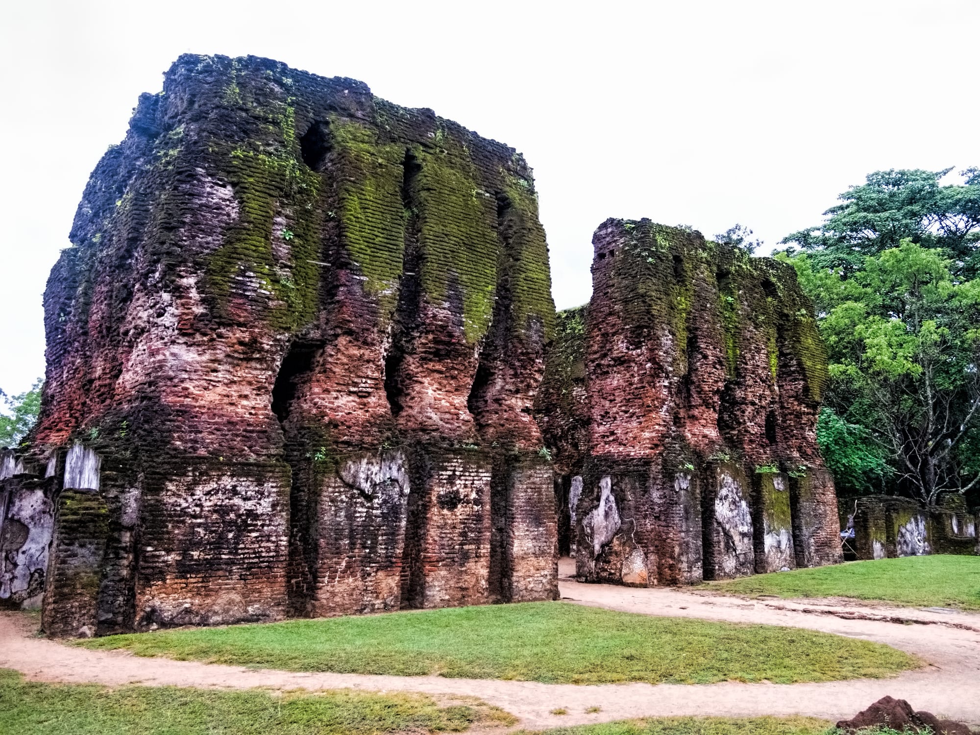 Moss-covered brick ruins of an ancient palace among trees