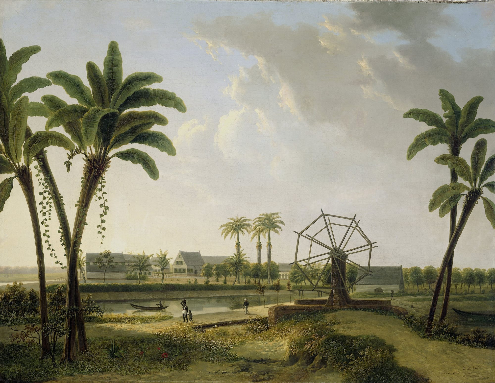 A 19th-century oil painting of wooden plantation buildings across a canal, framed by tall banana plants and palms, with a wooden sluice wheel and small figures on the bank
