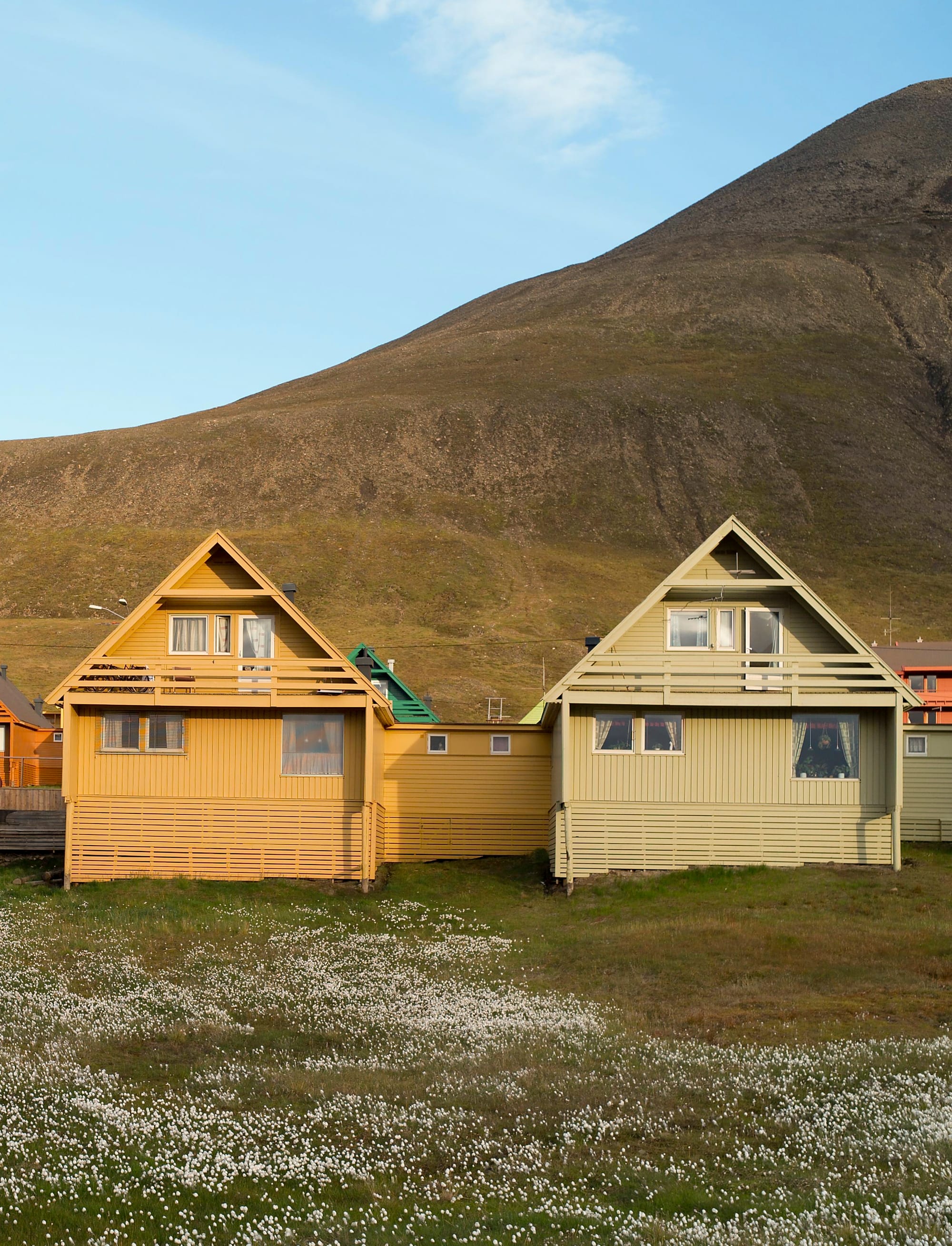 Colourful wooden houses on stilts against a snowy mountain backdrop