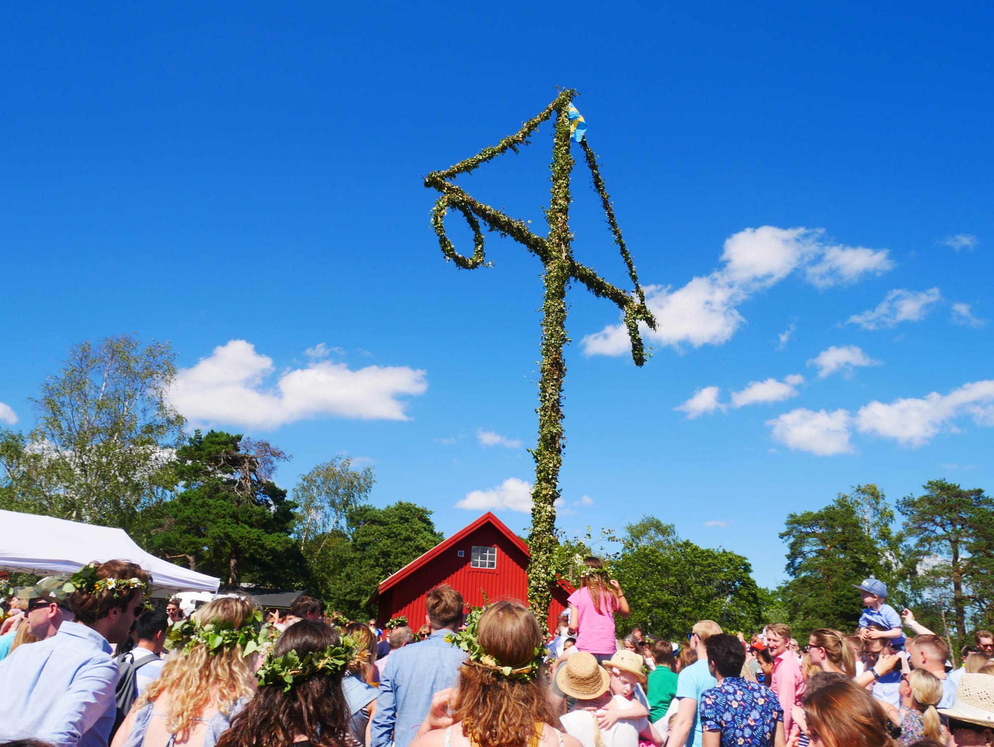 A tall pole wrapped in green leaves with two hanging wreaths and a small Swedish flag at the top rises above a crowd of people, many wearing leafy crowns, in front of a red wooden barn under a blue sky