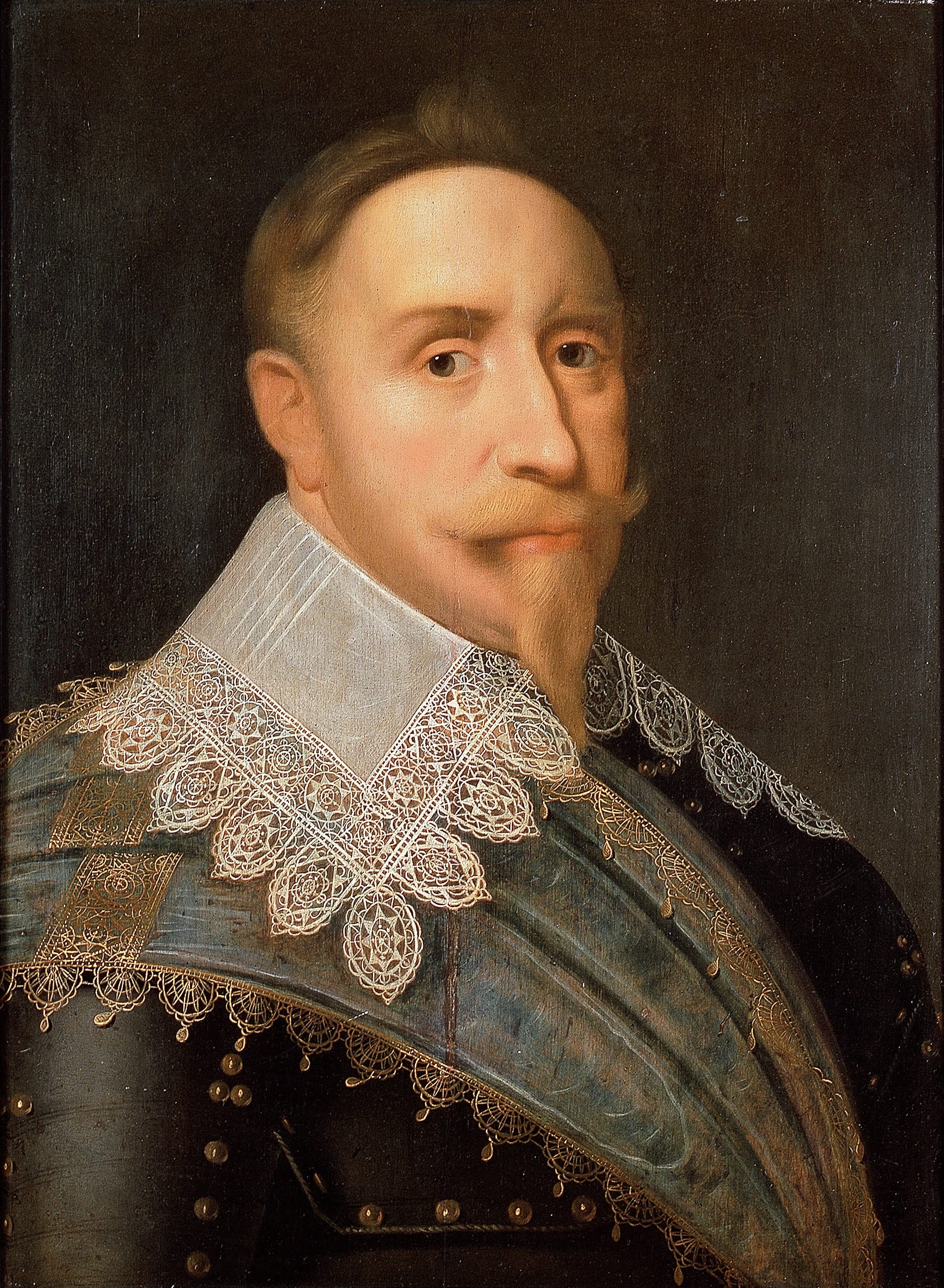 A 17th-century portrait of Gustavus Adolphus in gilded armour with a lace collar