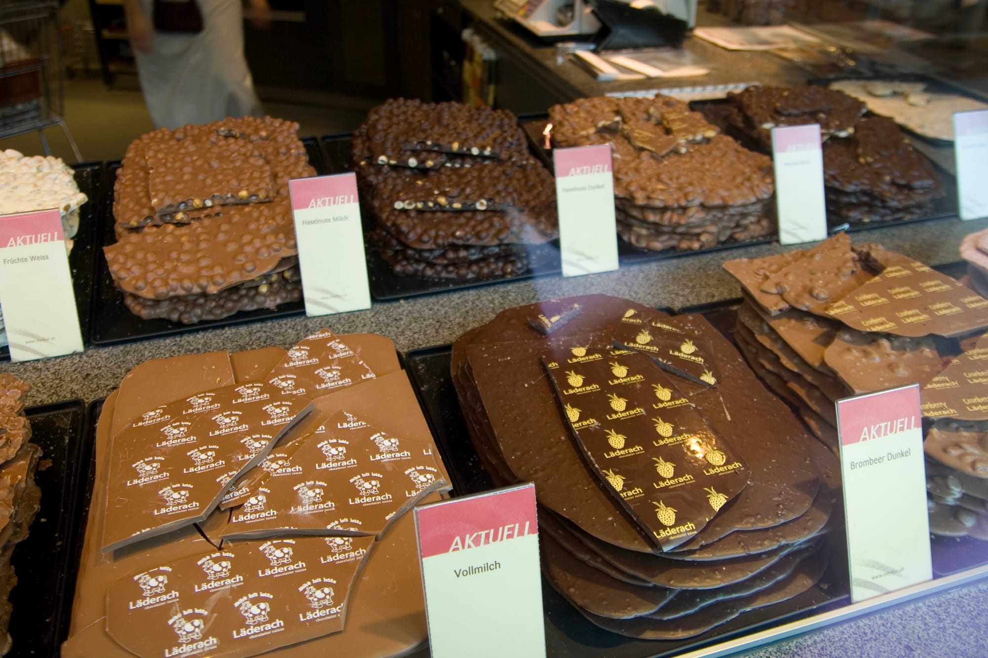 Chocolate bars displayed in a shop window