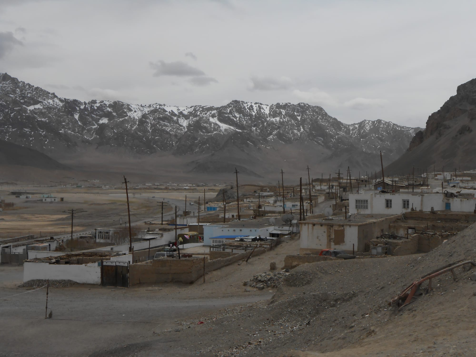 A small town of low flat-roofed houses set in a wide valley beneath high snow-streaked mountains