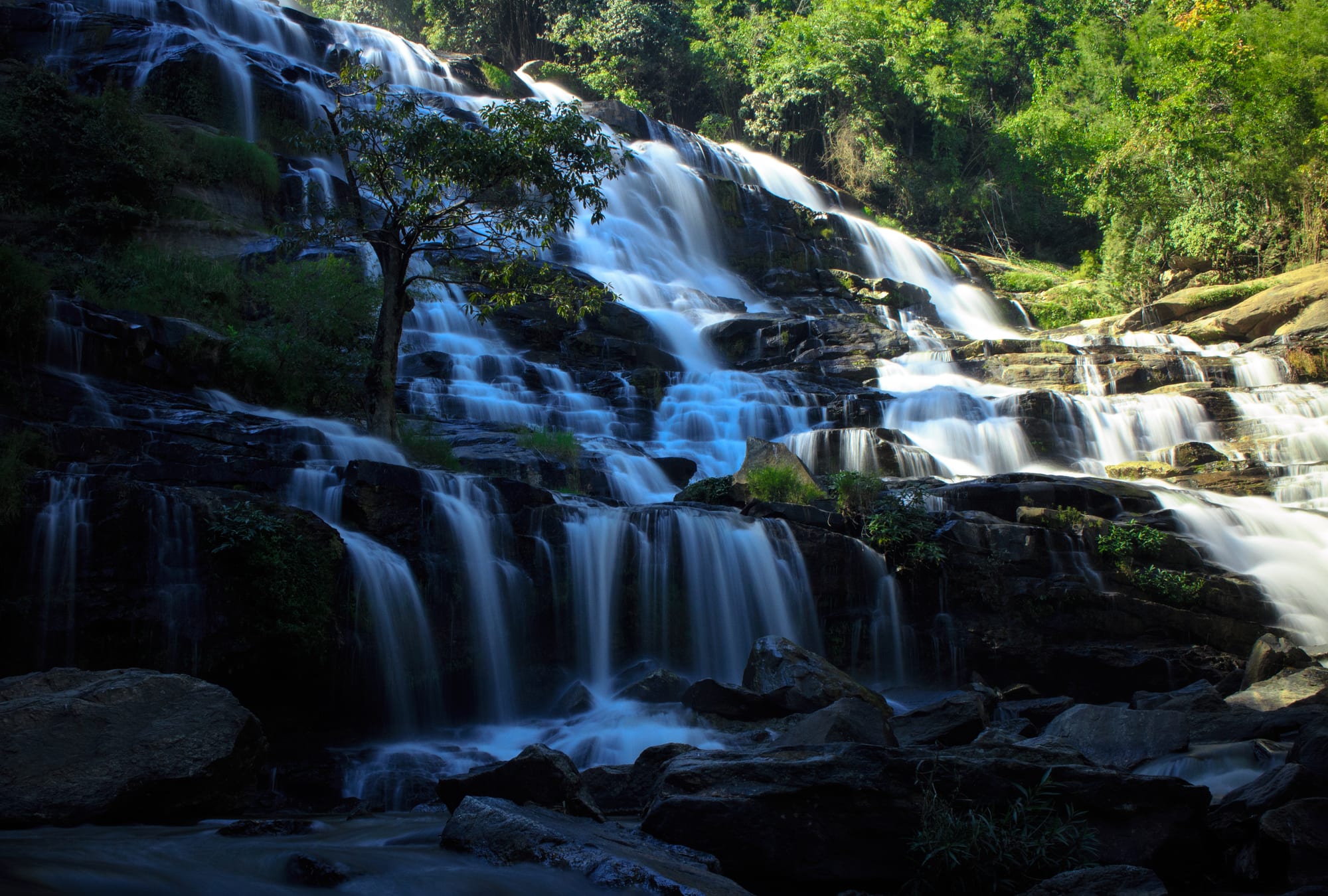 A wide tiered waterfall cascading over dark rock in dense forest