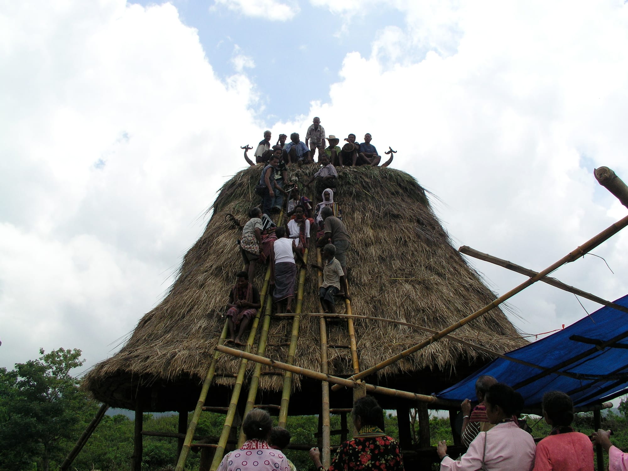 A crowd of people climbing bamboo ladders to sit on the steep thatched roof of a sacred house under construction