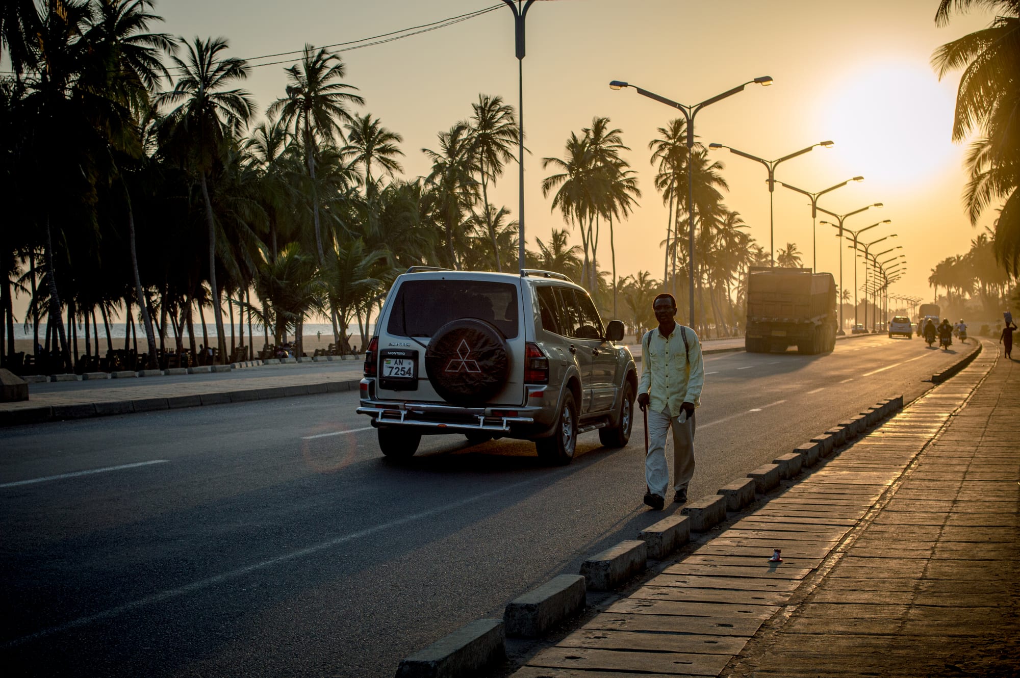 A road running alongside a palm-lined beach