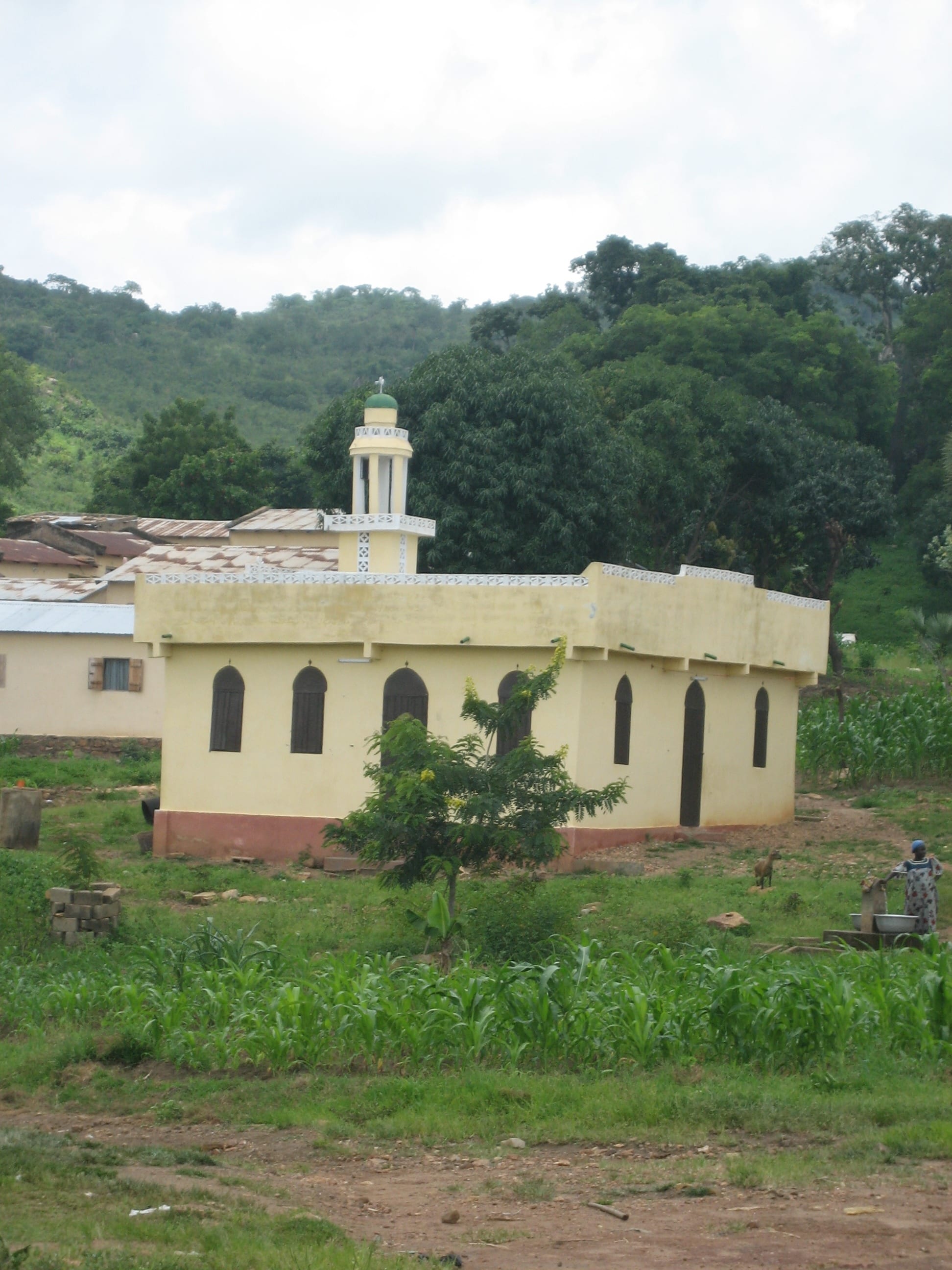 A cream-painted mosque with arched windows and a slender white minaret topped by a green dome, surrounded by young maize, with wooded hills and a pale sky behind