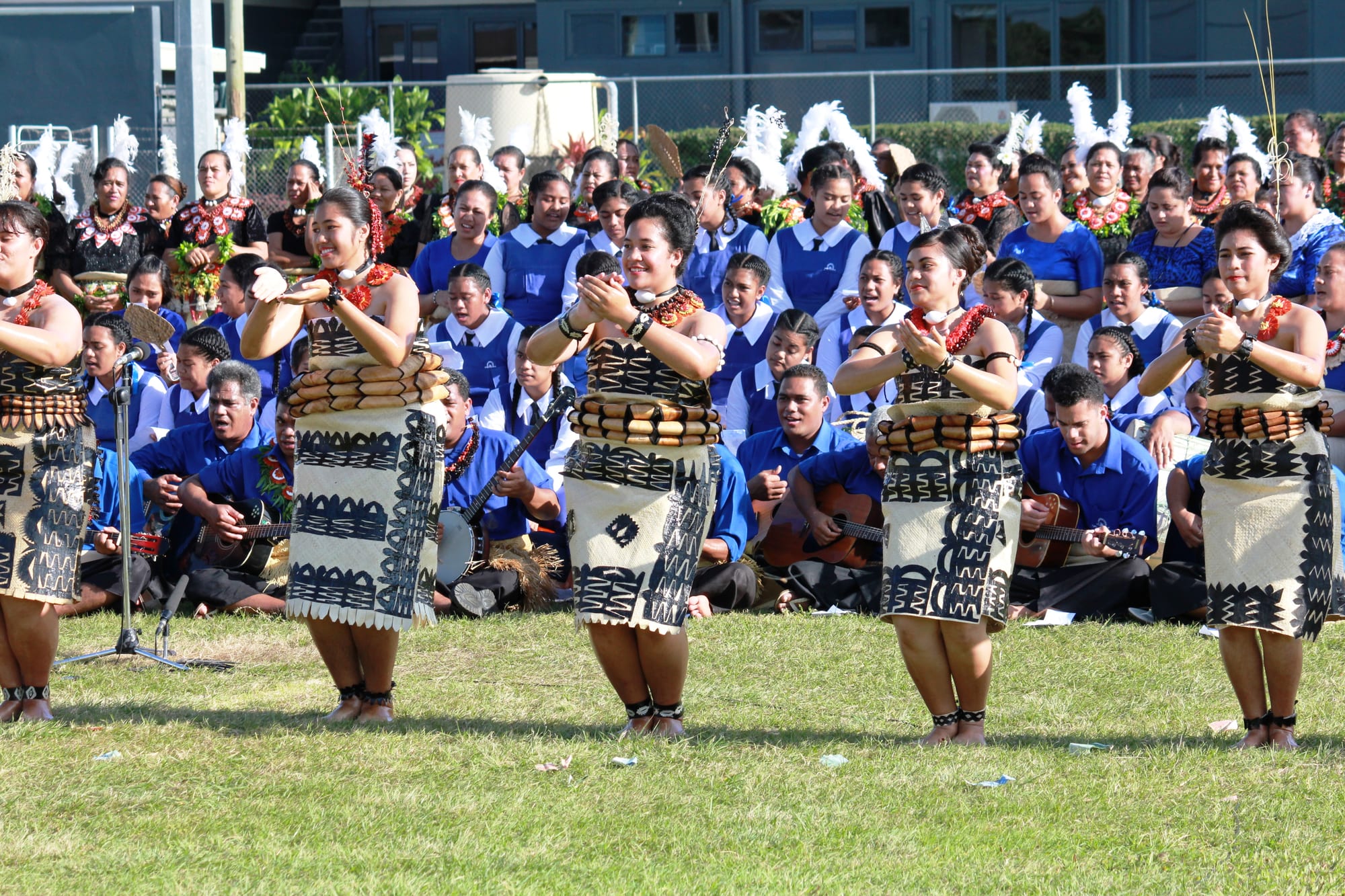 A line of women in patterned bark-cloth skirts and red garlands dance on grass with their hands raised, while seated musicians with guitars and a crowd in blue uniforms watch behind them