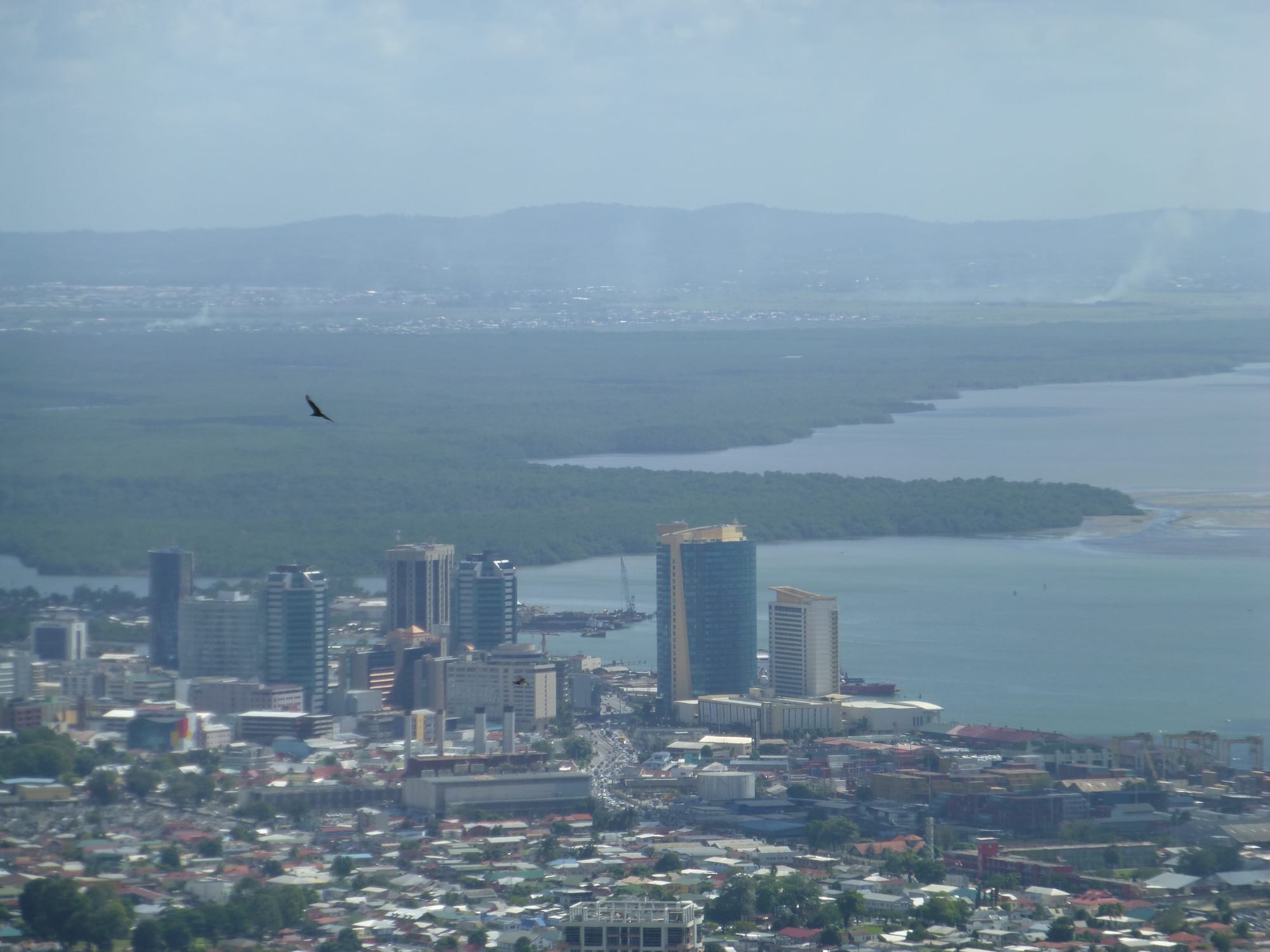 An aerial view of a modern city skyline along a waterfront, mangroves and hills behind