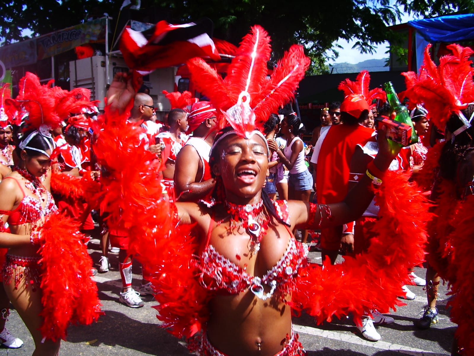 A smiling woman in a red sequinned costume with a tall red feather headdress and red feather wings spread wide dances in a street crowd of masqueraders dressed in red, with a red, white and black flag waving above