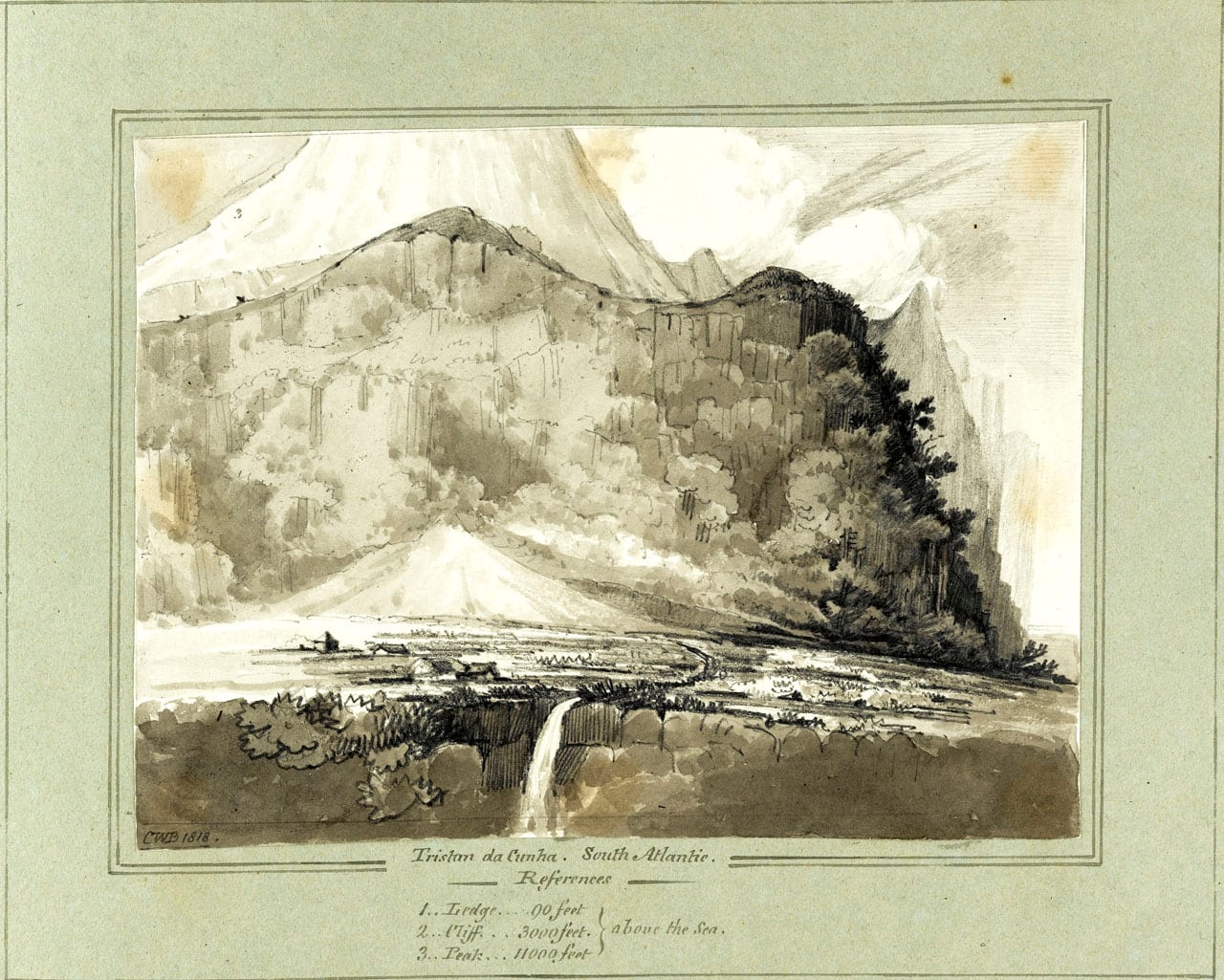 An 1818 ink-and-wash drawing of a few small huts on a flat ledge above a waterfall, dwarfed by sheer cliffs and a volcanic peak behind