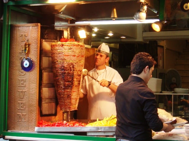 Sliced meat served as a kebab