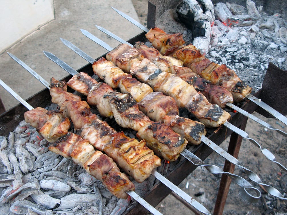 Grilled sturgeon fish skewers