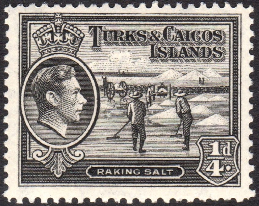 A black-and-white engraved postage stamp showing two men in hats raking salt into white heaps beside a shallow pond, with a cart and more salt piles behind