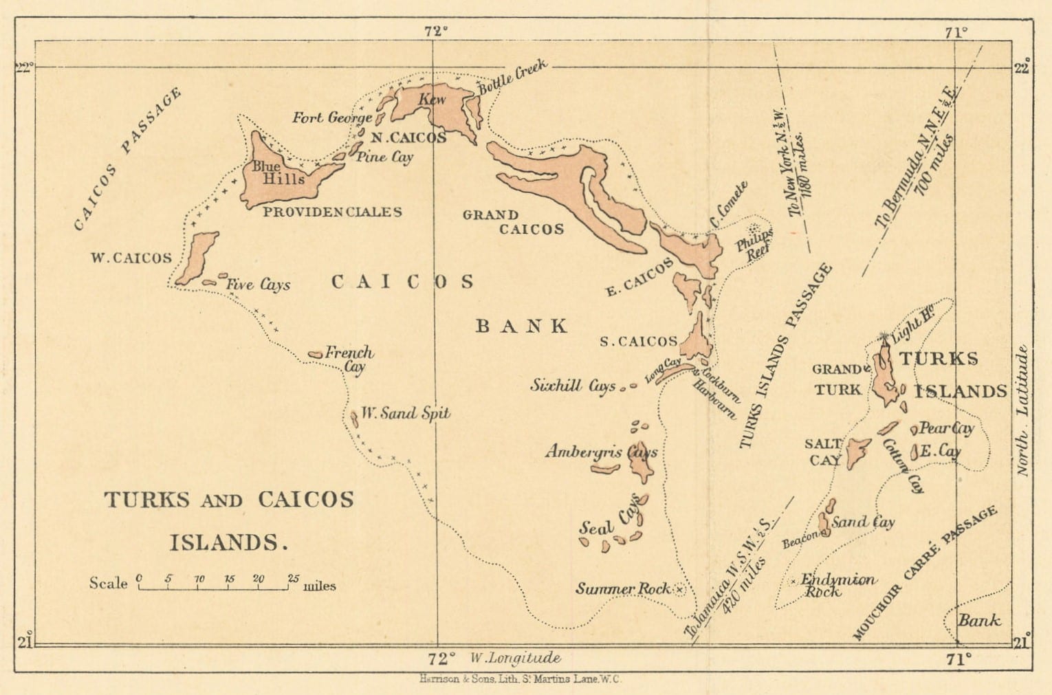 An old printed map with the Caicos Islands in pink around the Caicos Bank on the left and the small Turks Islands on the right, separated by the Turks Islands Passage