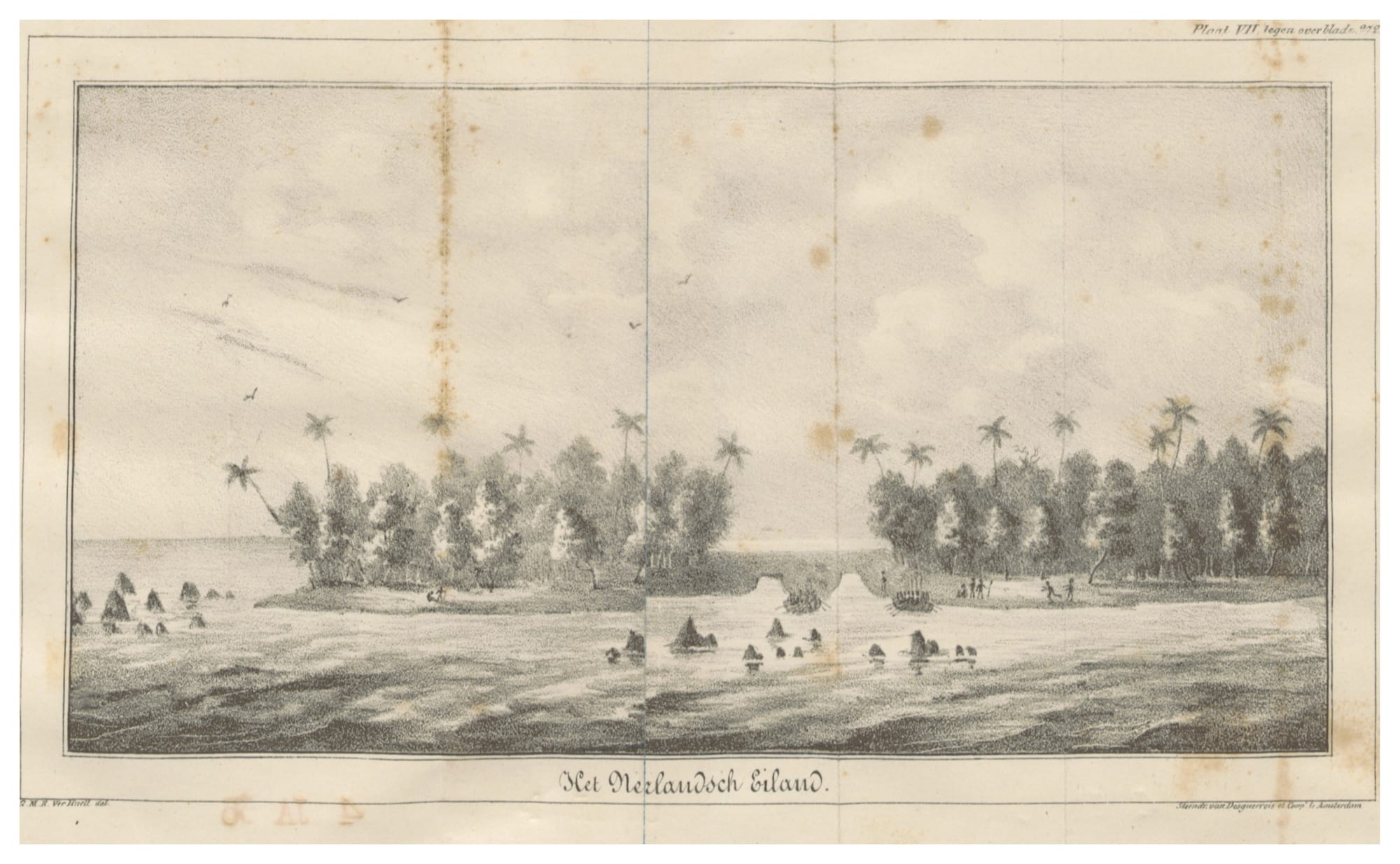 An old lithograph of a low island thick with coconut palms, with canoes drawn up at a gap in the trees, small figures on the shore and dark rocks in the shallows