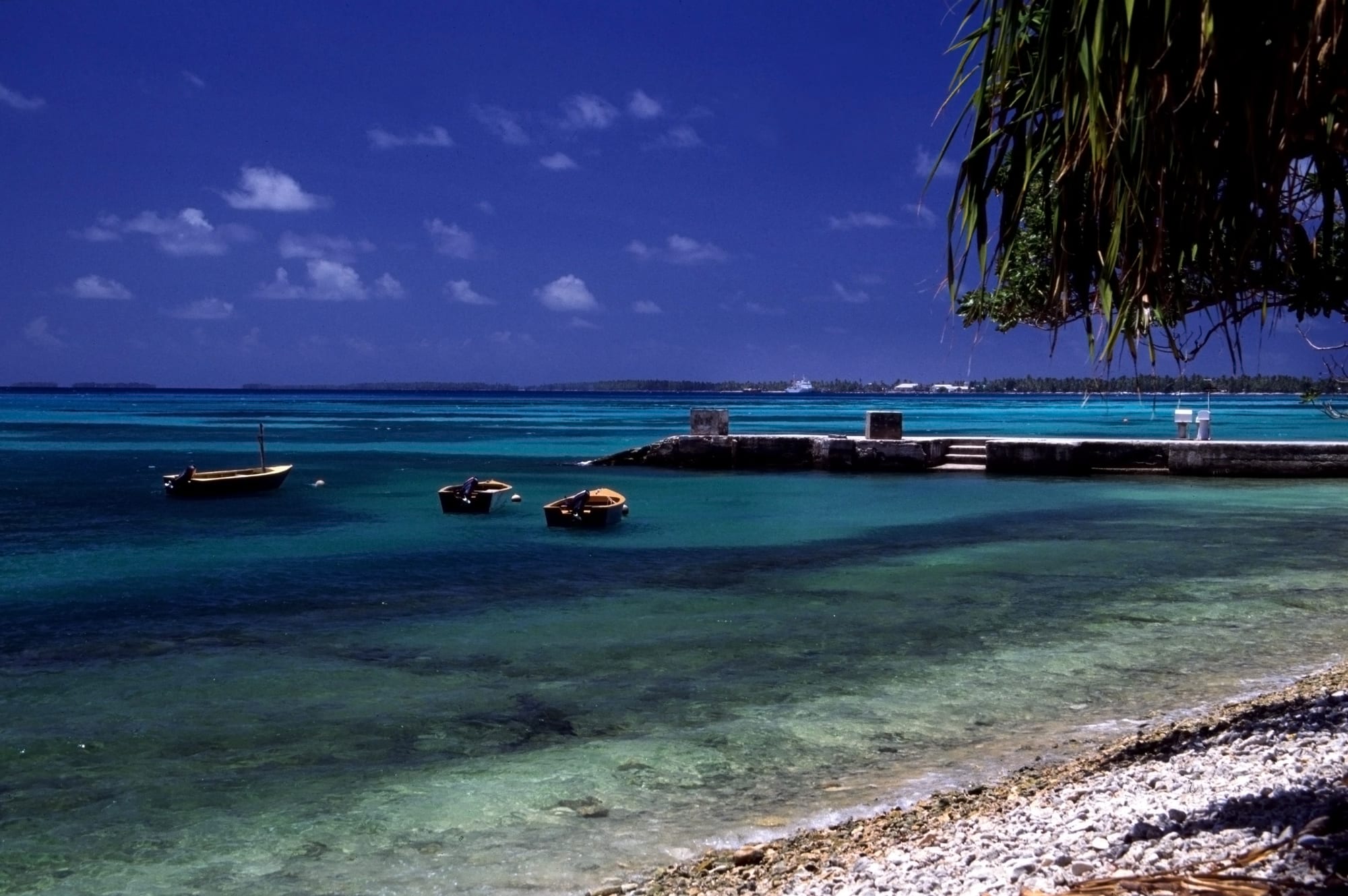 A narrow strip of palm-covered land with a beach on one side and a wide turquoise lagoon on the other