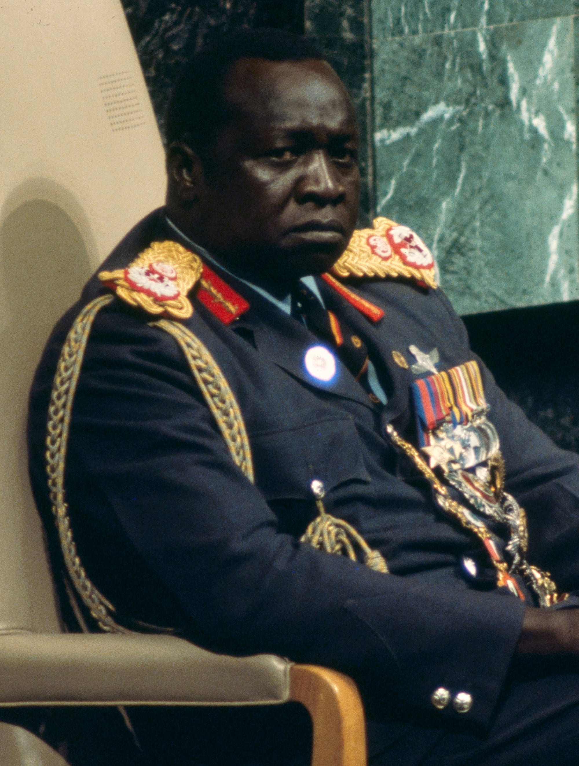Idi Amin in military uniform with medals, photographed at the United Nations
