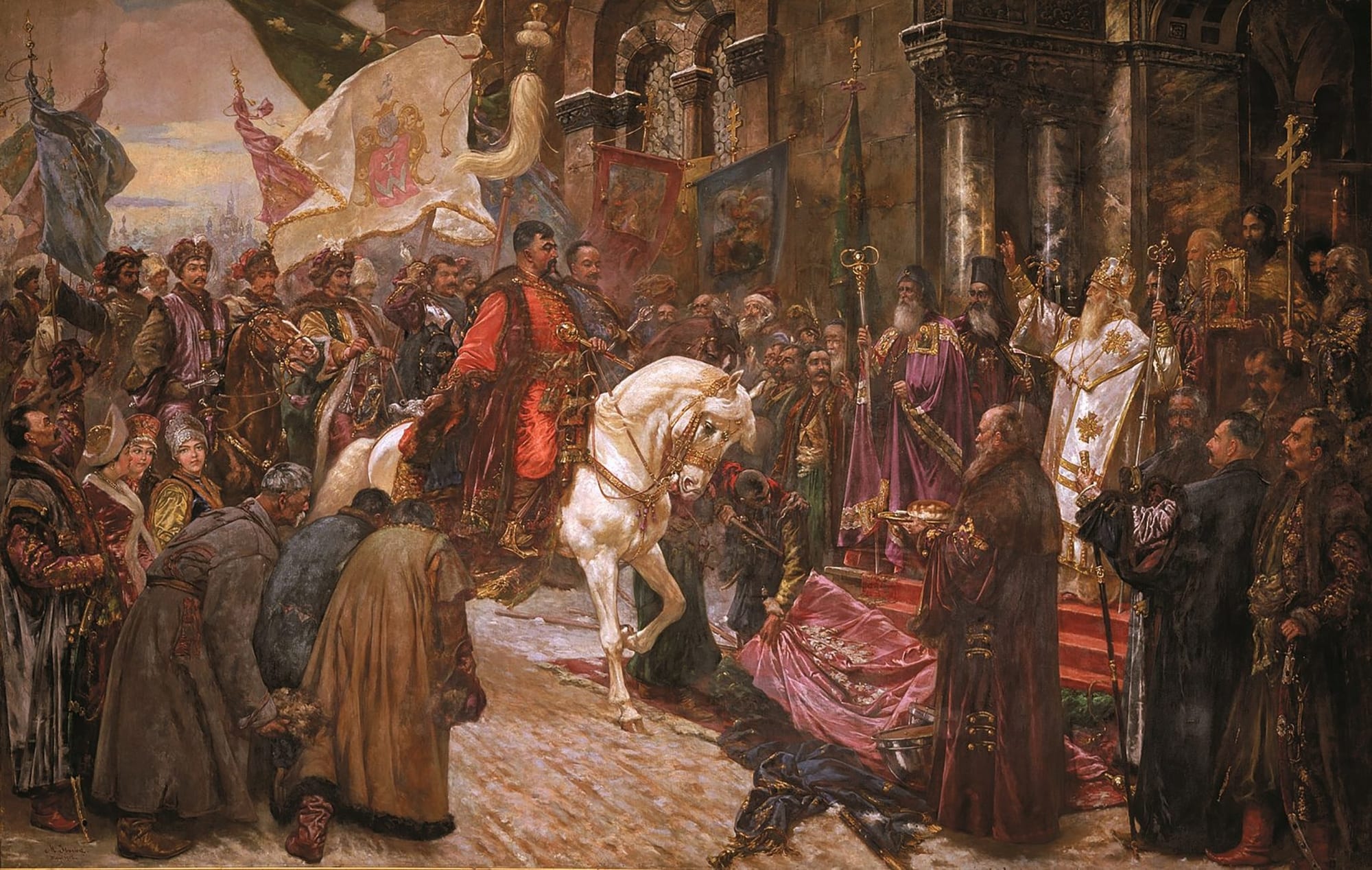 A large history painting of a Cossack leader in a red coat on a white horse, surrounded by banners and a kneeling crowd, being greeted by robed Orthodox clergy at a church doorway