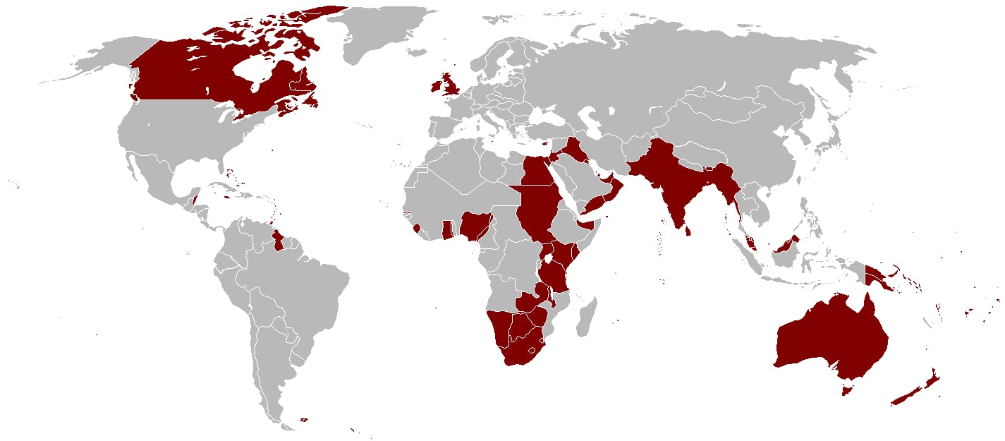 A world map with British territories shaded pink across every continent, at the empire's greatest extent