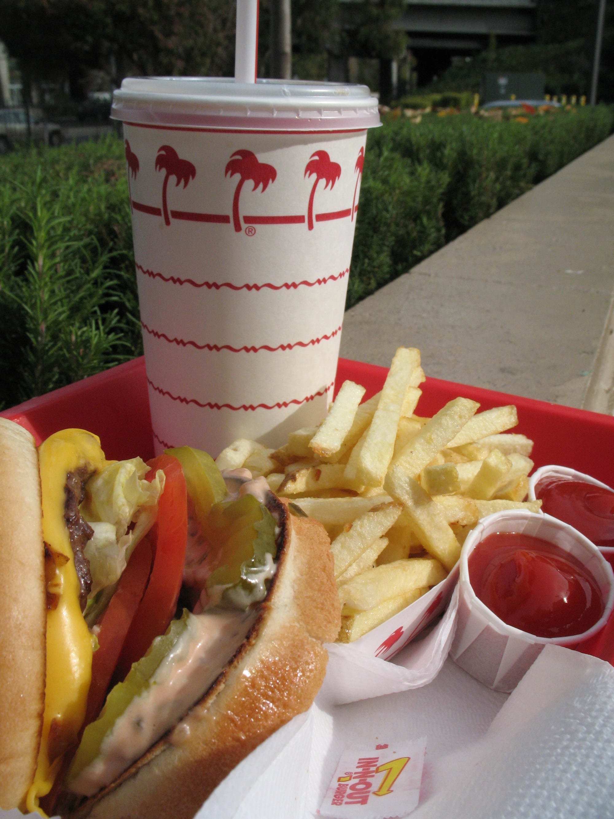 A cheeseburger with fries on a tray
