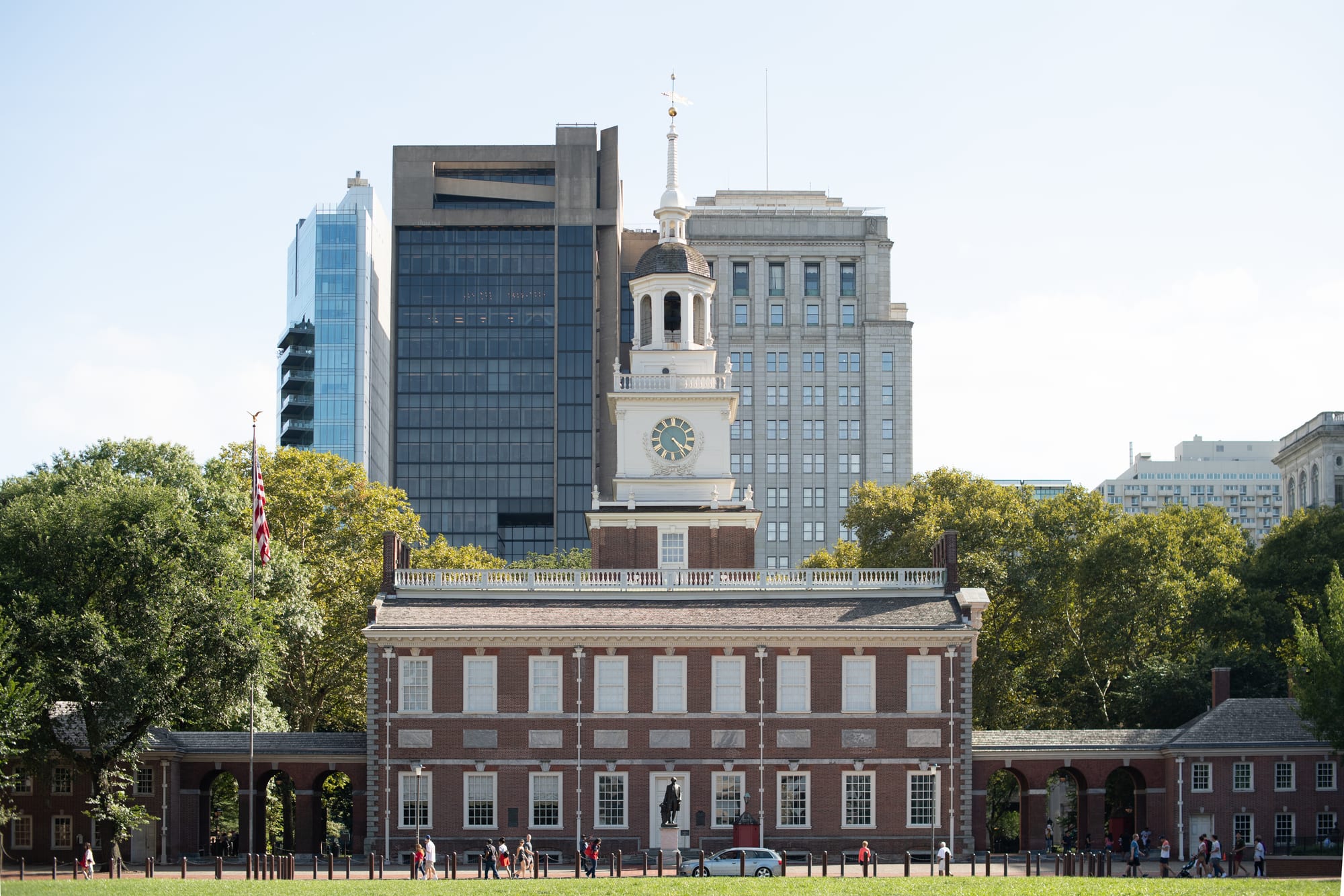 The red-brick Georgian Independence Hall with its white steeple in Philadelphia
