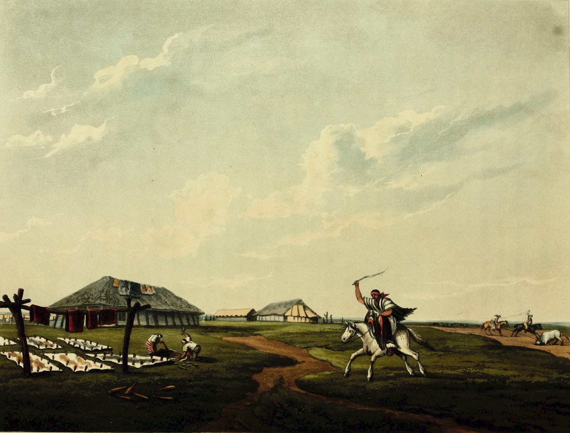 A historical depiction of a rural ranch estate in the countryside