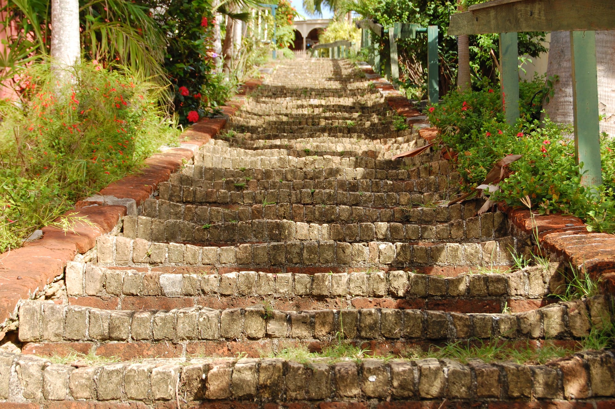 A steep, weathered brick and stone staircase climbing between tropical gardens and houses in Charlotte Amalie