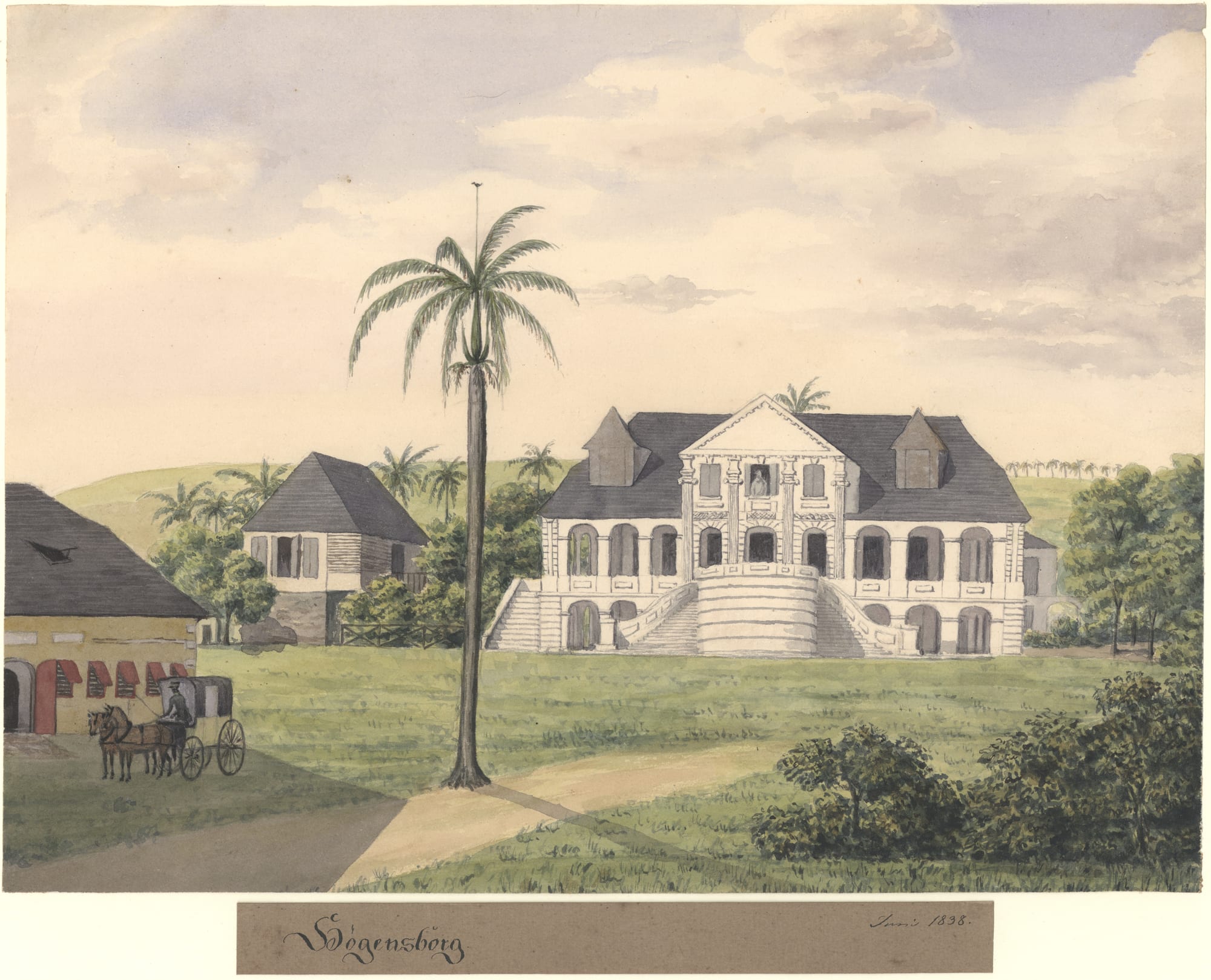 A 19th-century drawing of a St Croix sugar estate with a windmill, great house and fields of cane