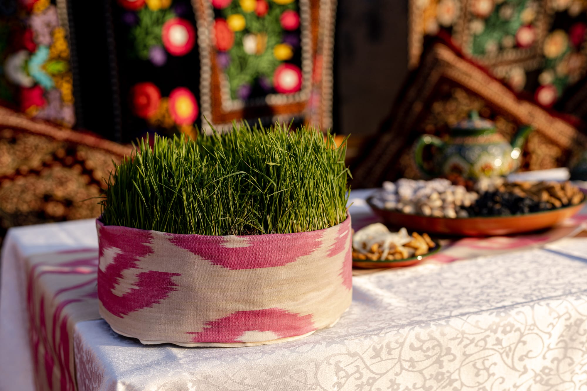 A tray of bright green sprouted wheat in a pink and cream ikat-patterned wrap stands on a white tablecloth, with dishes of nuts and dried fruit and a painted teapot behind and embroidered hangings in the background