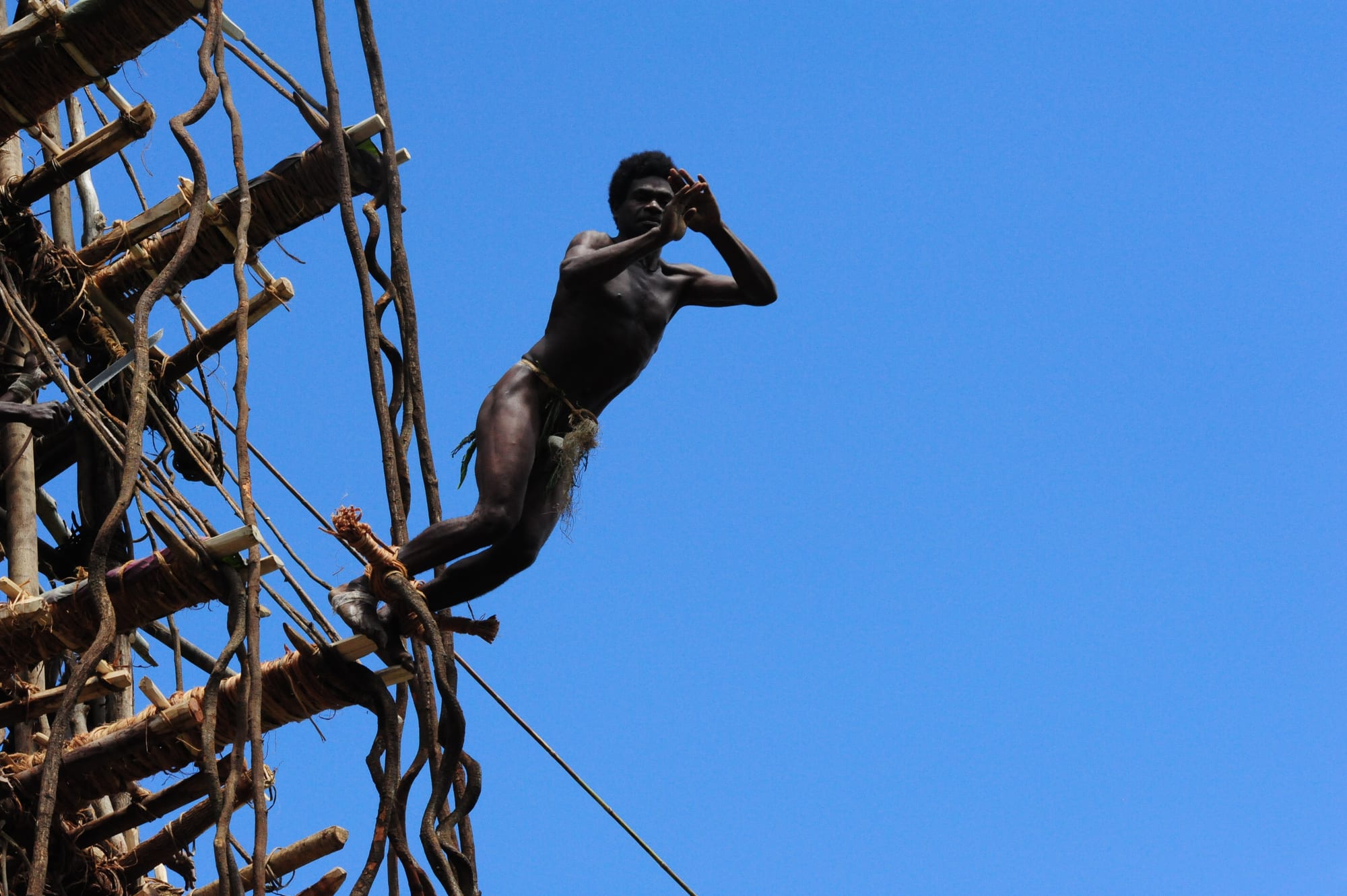 A man leaping head-first from a tall wooden tower with only vines tied to his ankles, on Pentecost Island