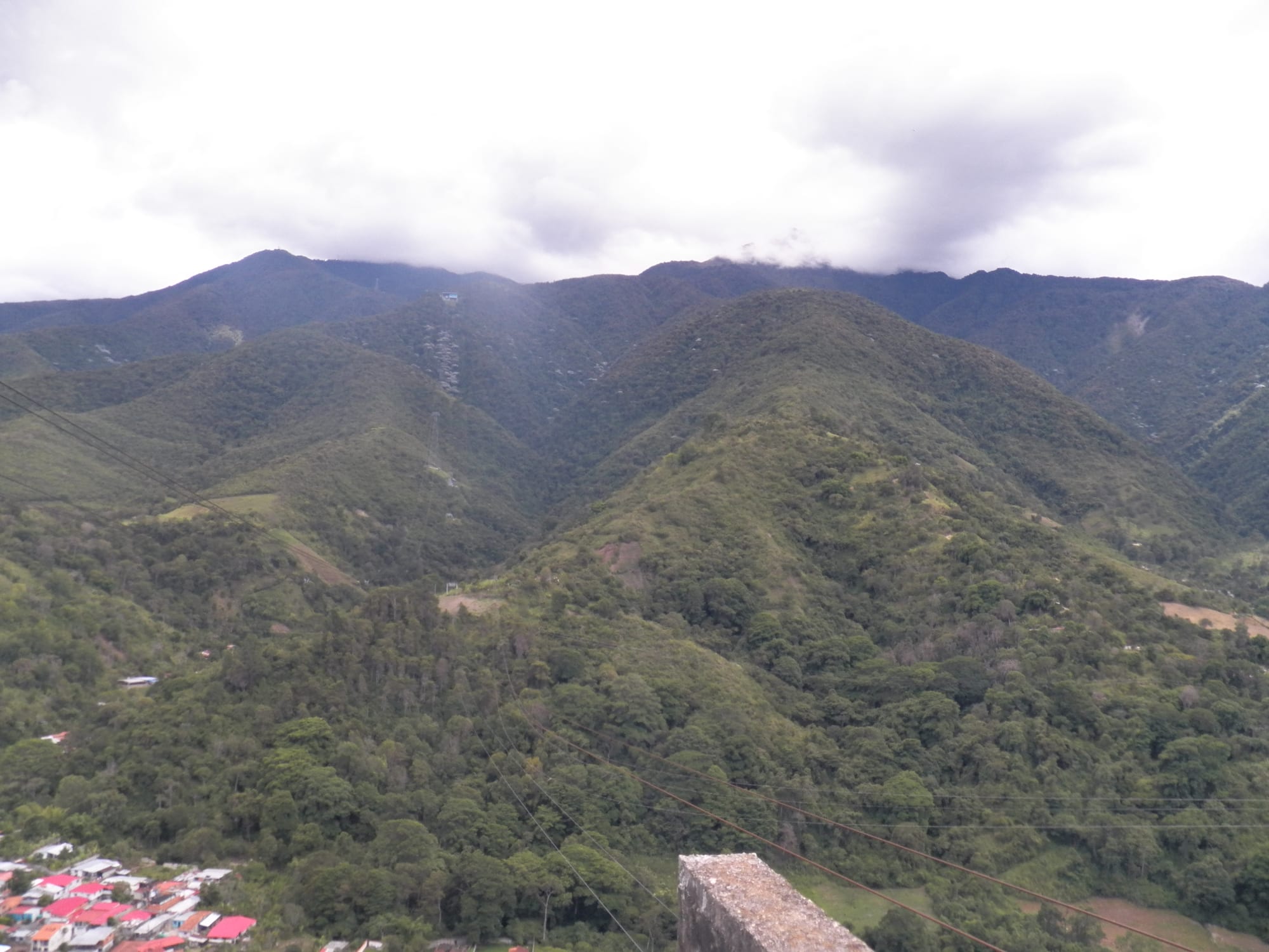 A cable car line strung across green Andean mountains above a village