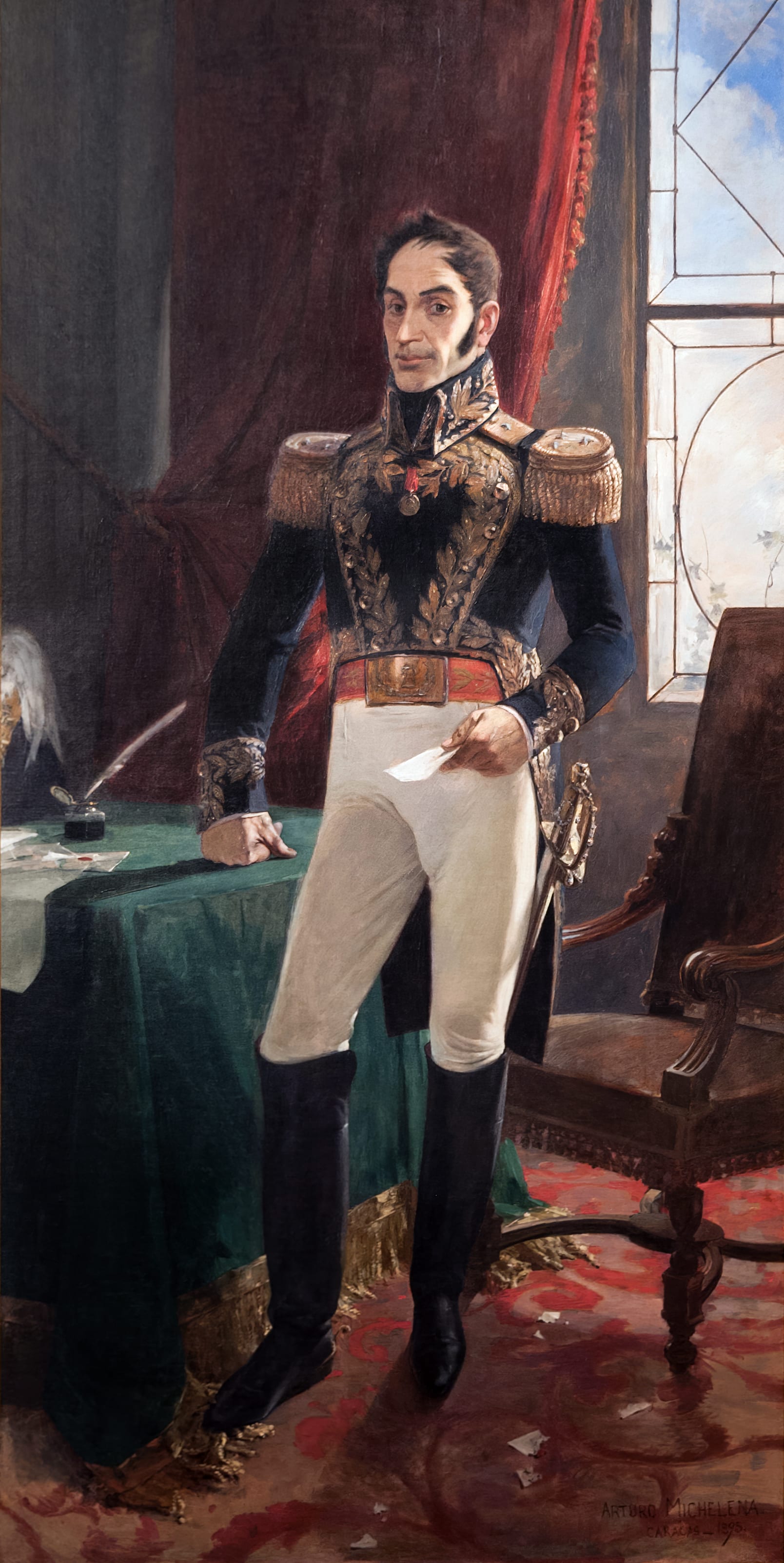 A full-length portrait of Simón Bolívar in military uniform with a red sash, standing with a sword