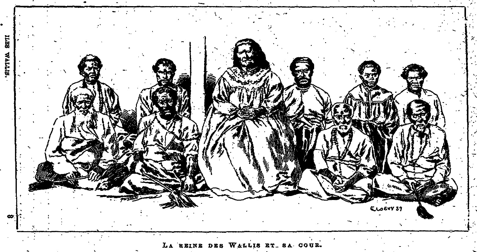 A 19th-century engraving of a seated woman in a long full dress surrounded by nine men of her court sitting and standing around her