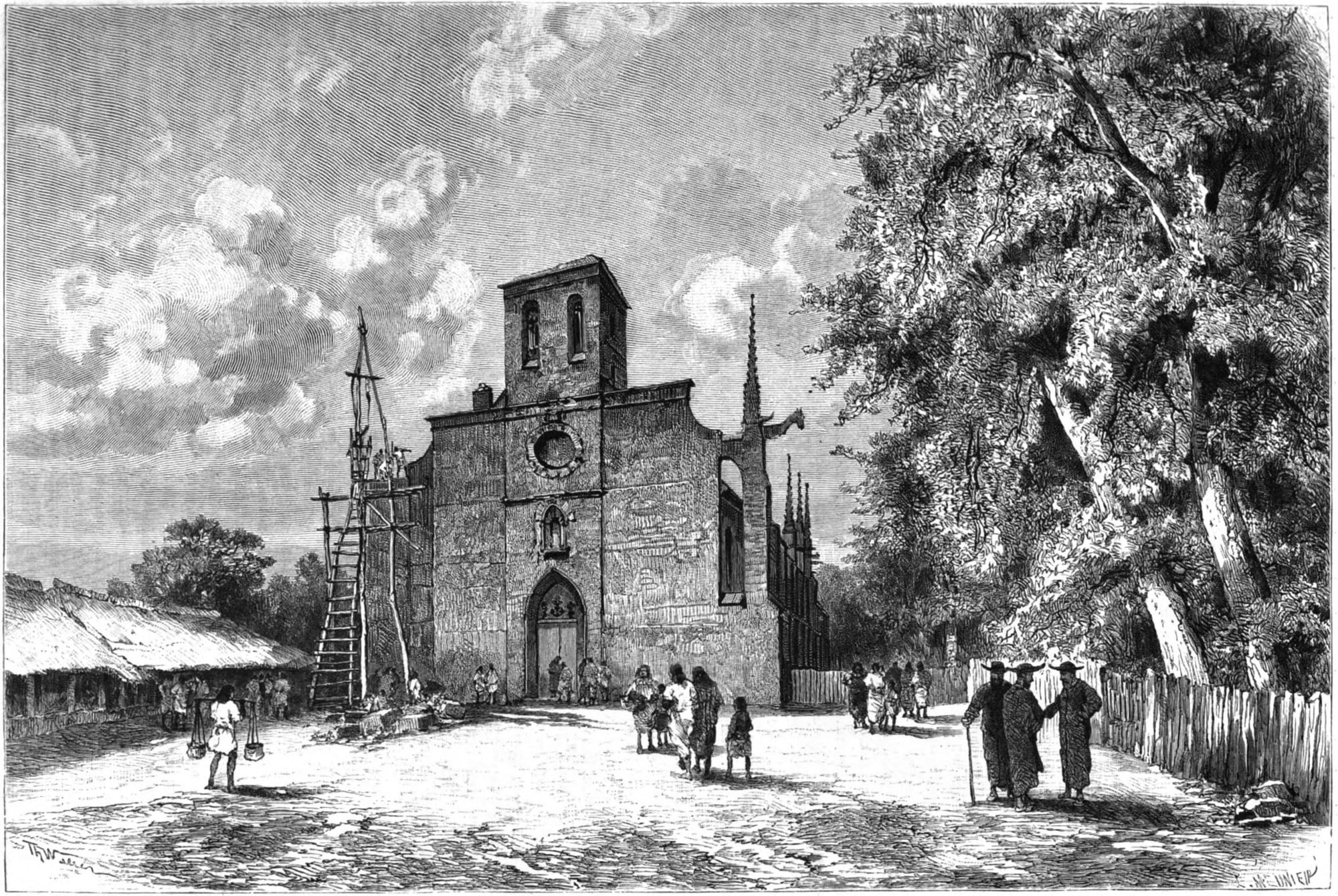 A 19th-century photograph of a large coral-stone church with a crowd of islanders outside, at Mua on Wallis