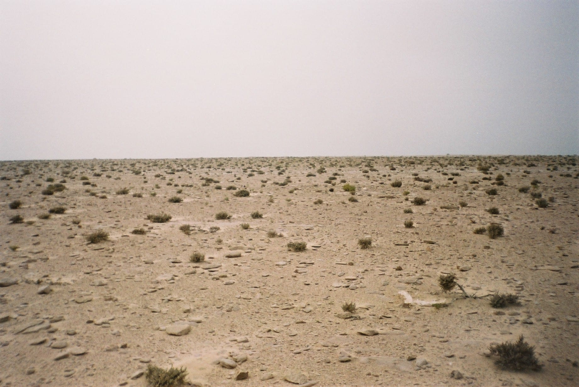 A stark desert landscape with distant rock formations
