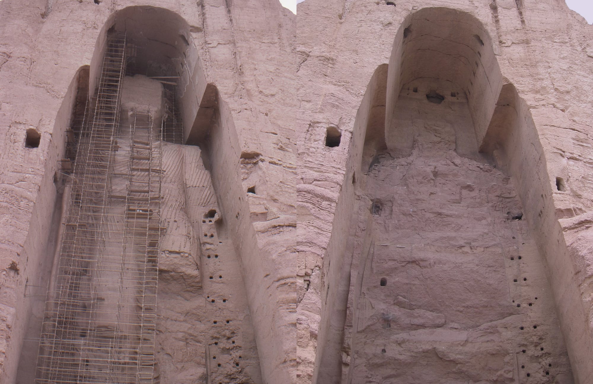 Two photos side by side: a giant standing Buddha covered in scaffolding inside a cliff niche, and the same niche empty and scarred