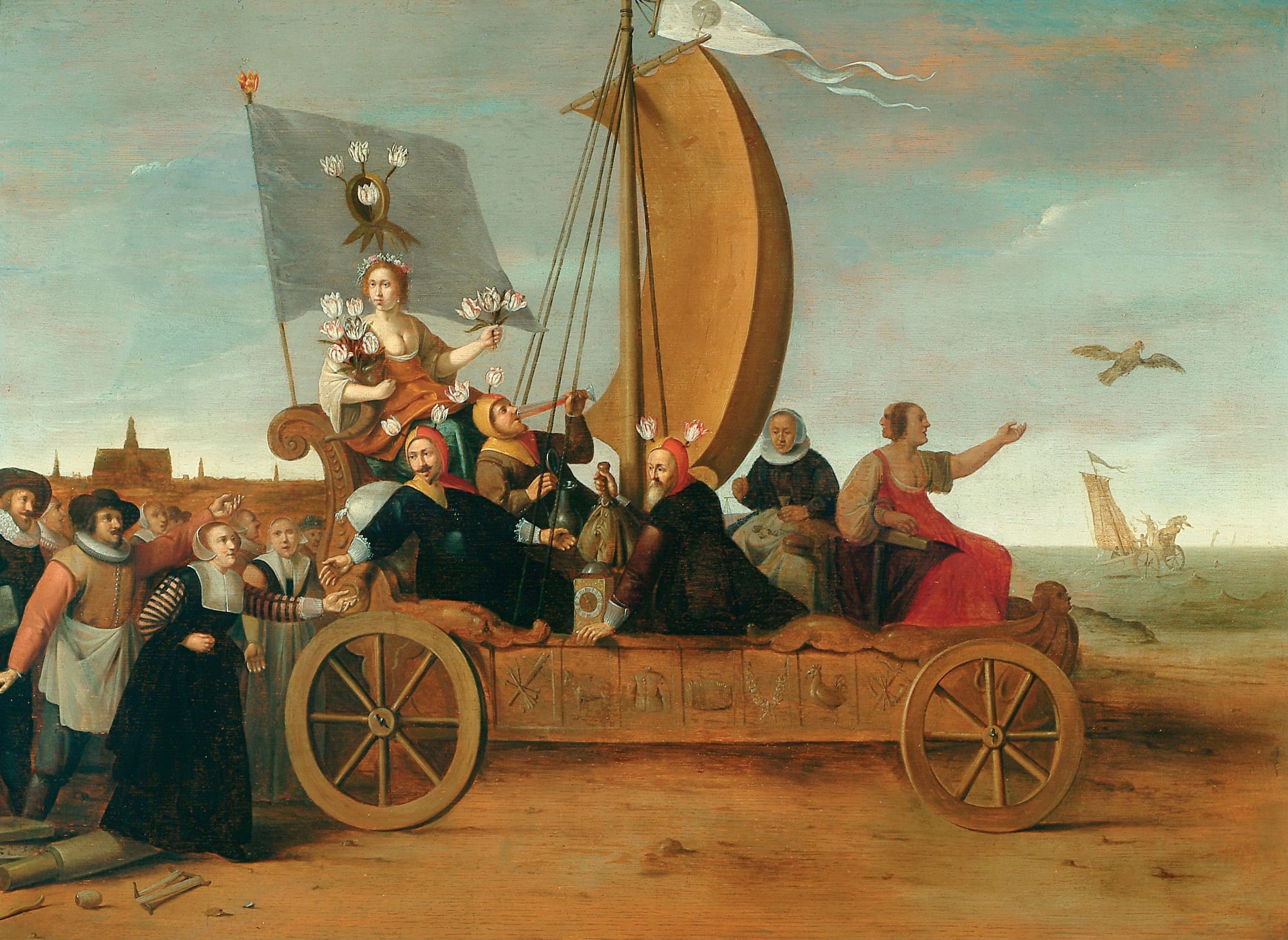A painting of a crowd following a wheeled wagon with a sail, carrying a woman holding tulips and men wearing tulips in their caps, on a beach by the sea