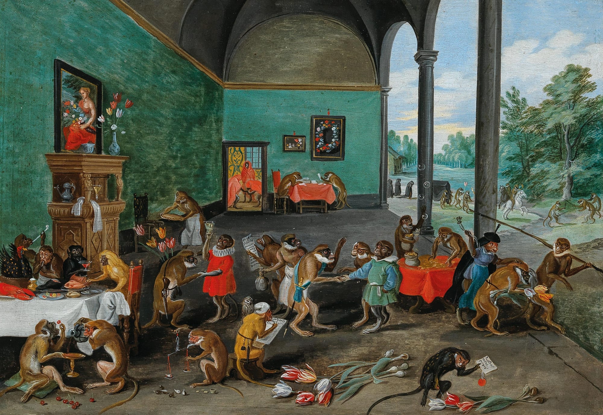 A painting of monkeys dressed as people, feasting, counting coins and holding papers in a grand room, with cut tulips lying on the floor