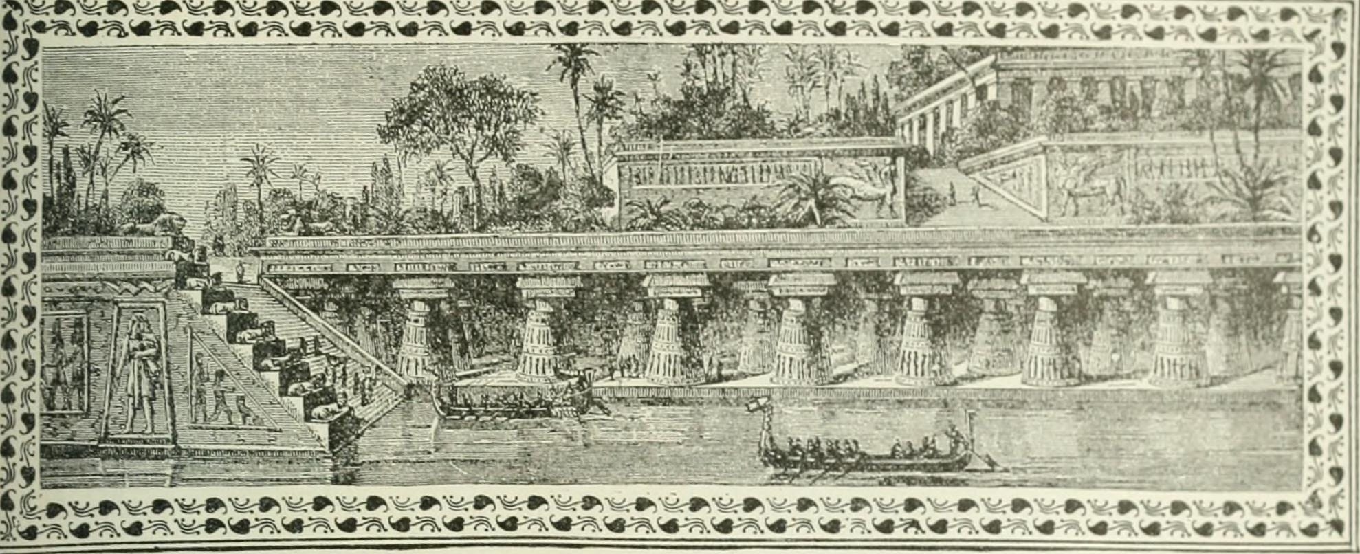 An old engraving of terraced gardens with palm trees above a colonnade on a river, with rowing boats in front