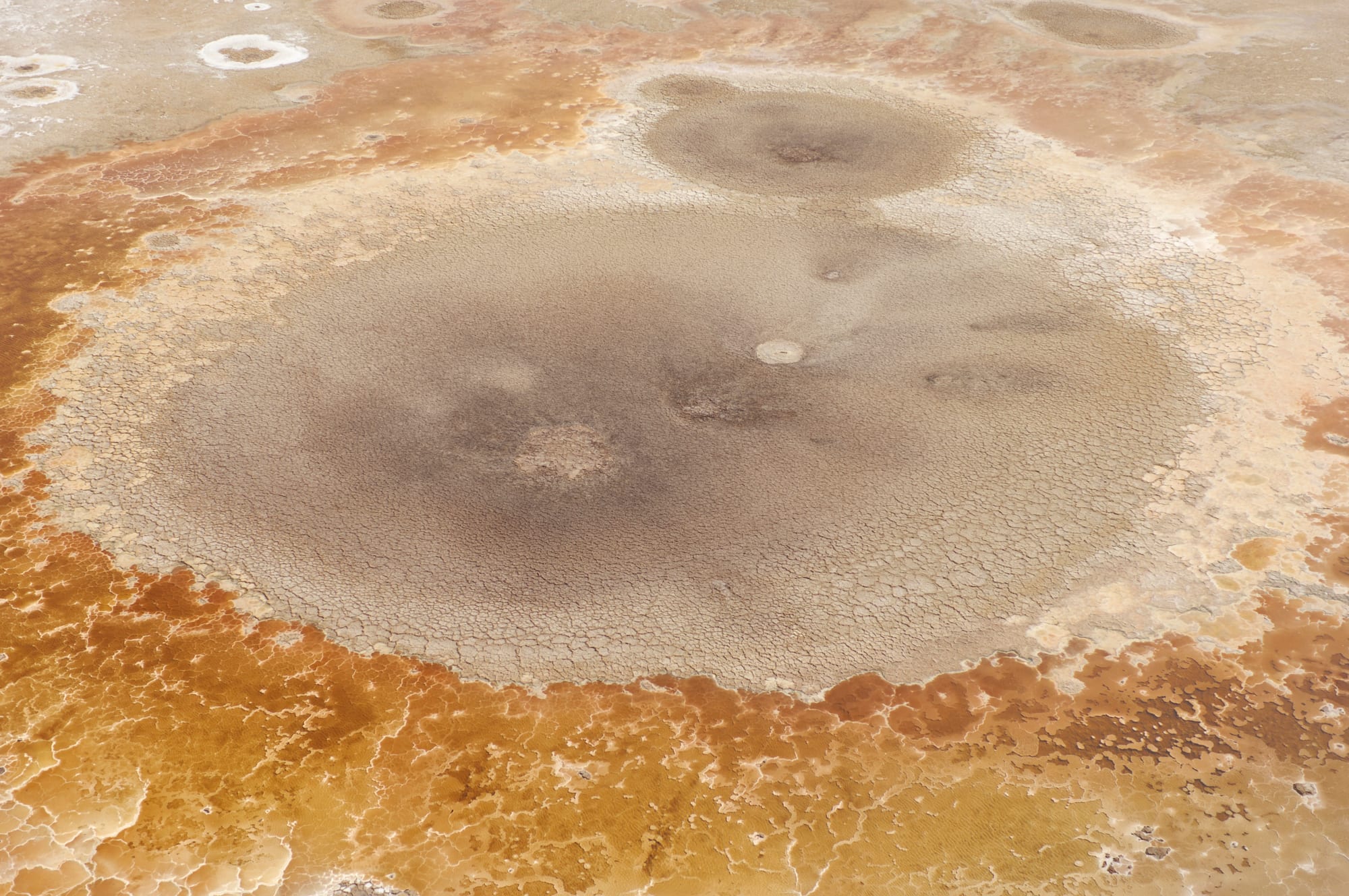 An aerial view of round, cracked grey salt crusts ringed by orange and white mineral deposits