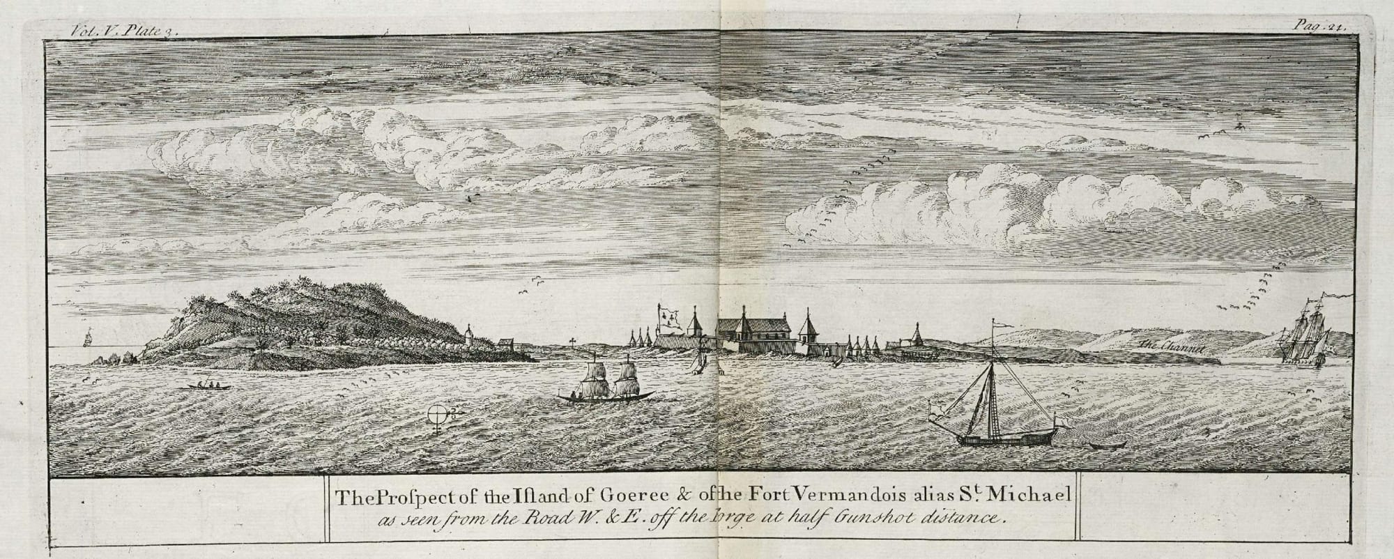 An old engraving of a low island with a hill on the left, a fort with flags and buildings in the centre, and sailing ships on the water