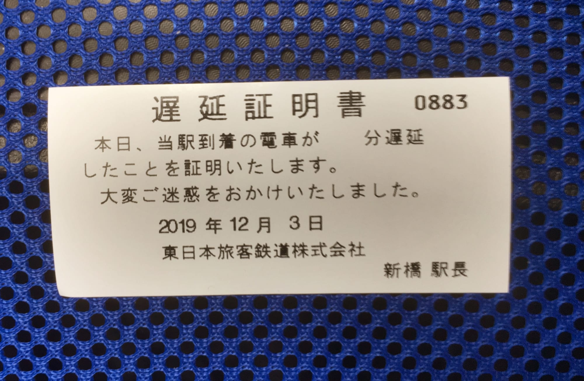A small white paper slip printed with Japanese text, a date and a serial number, lying on a blue mesh surface