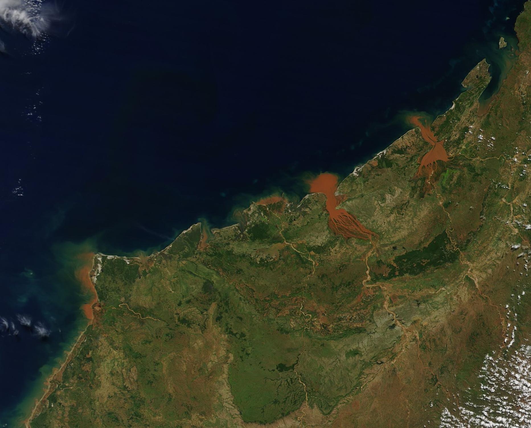 A satellite view of a green coastline with rivers pouring plumes of red sediment into a dark blue sea