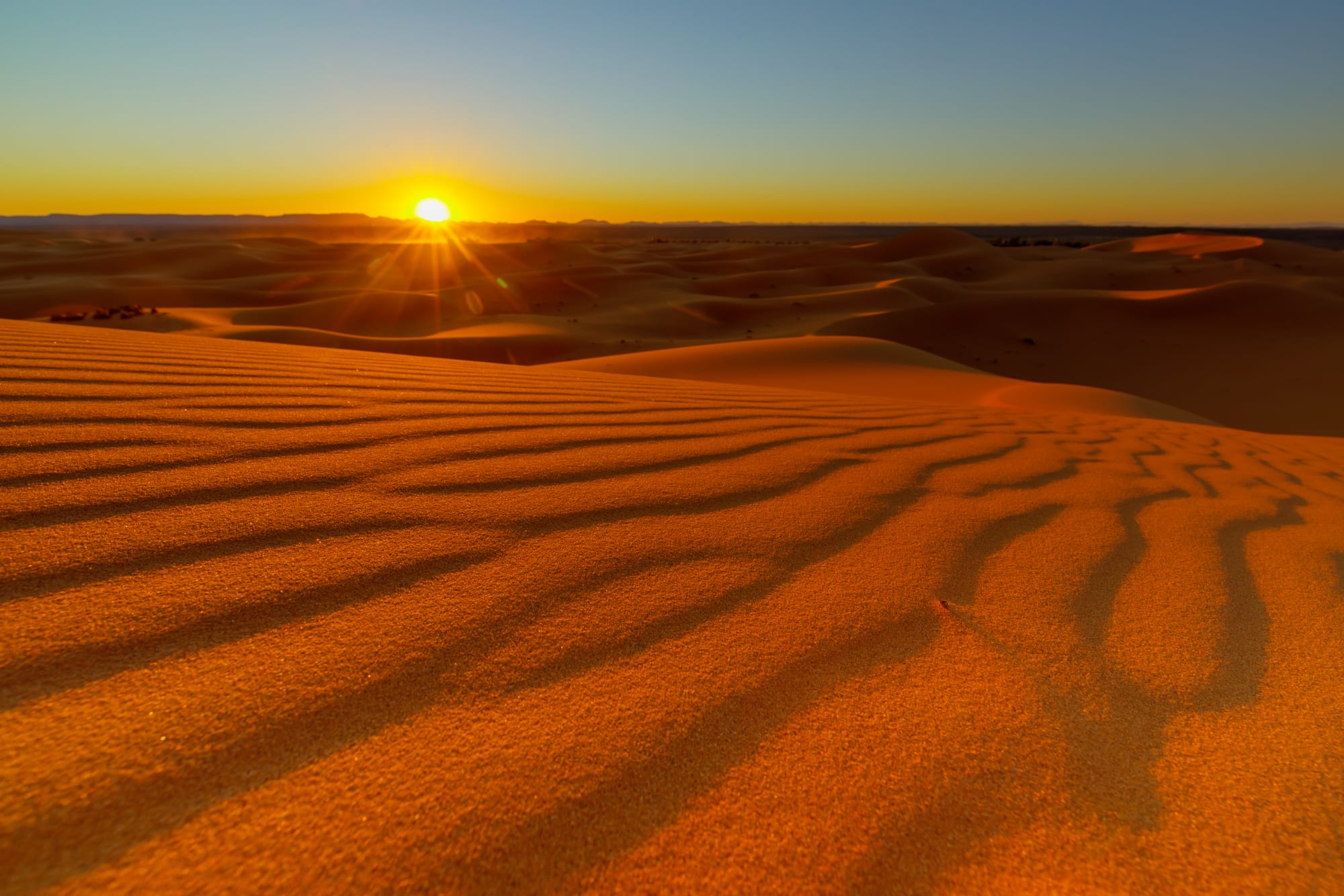 Rippled orange sand dunes stretching to the horizon under a setting sun